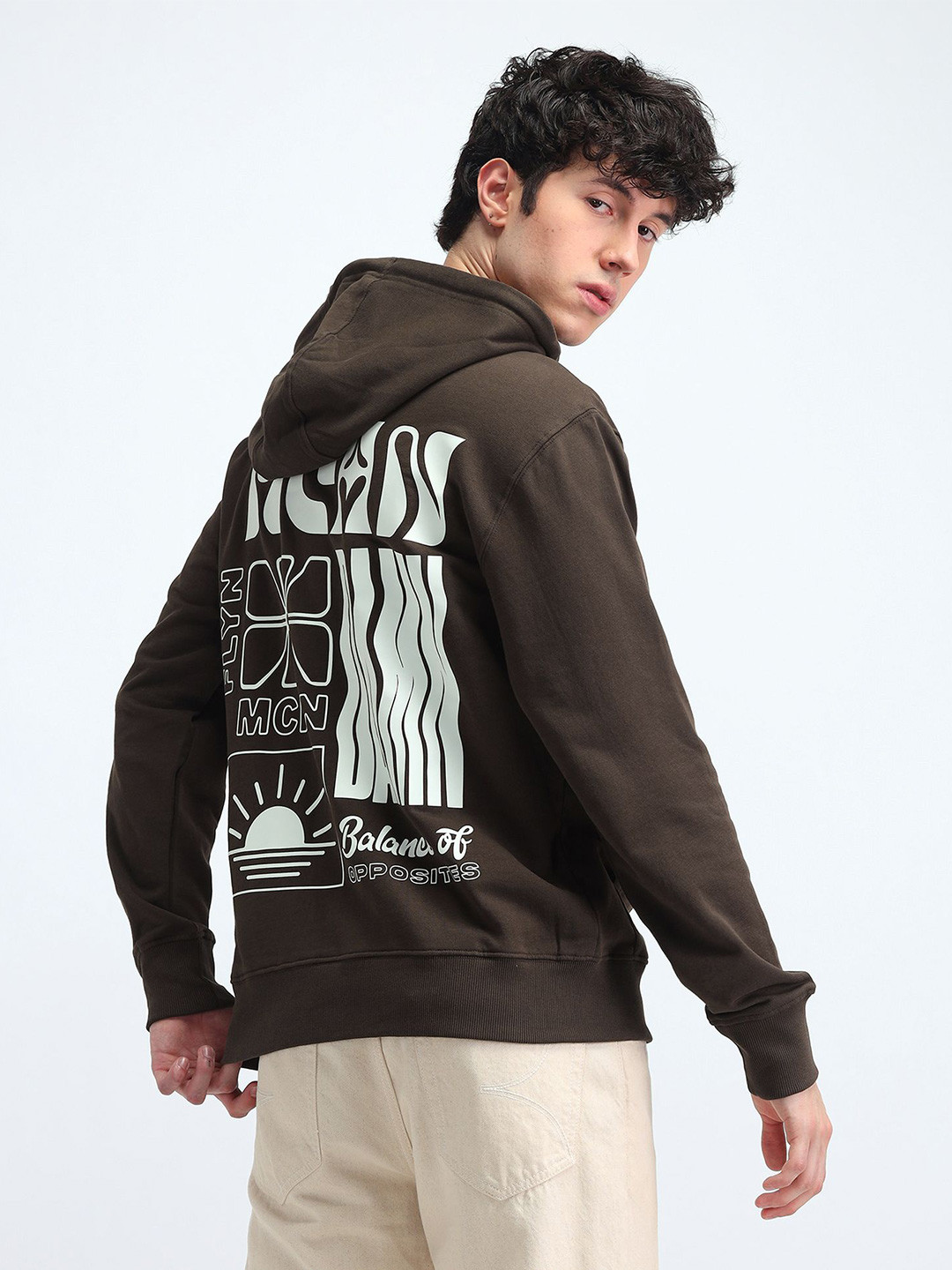 

Flying Machine Men Printed Hooded Cotton Sweatshirt, Brown