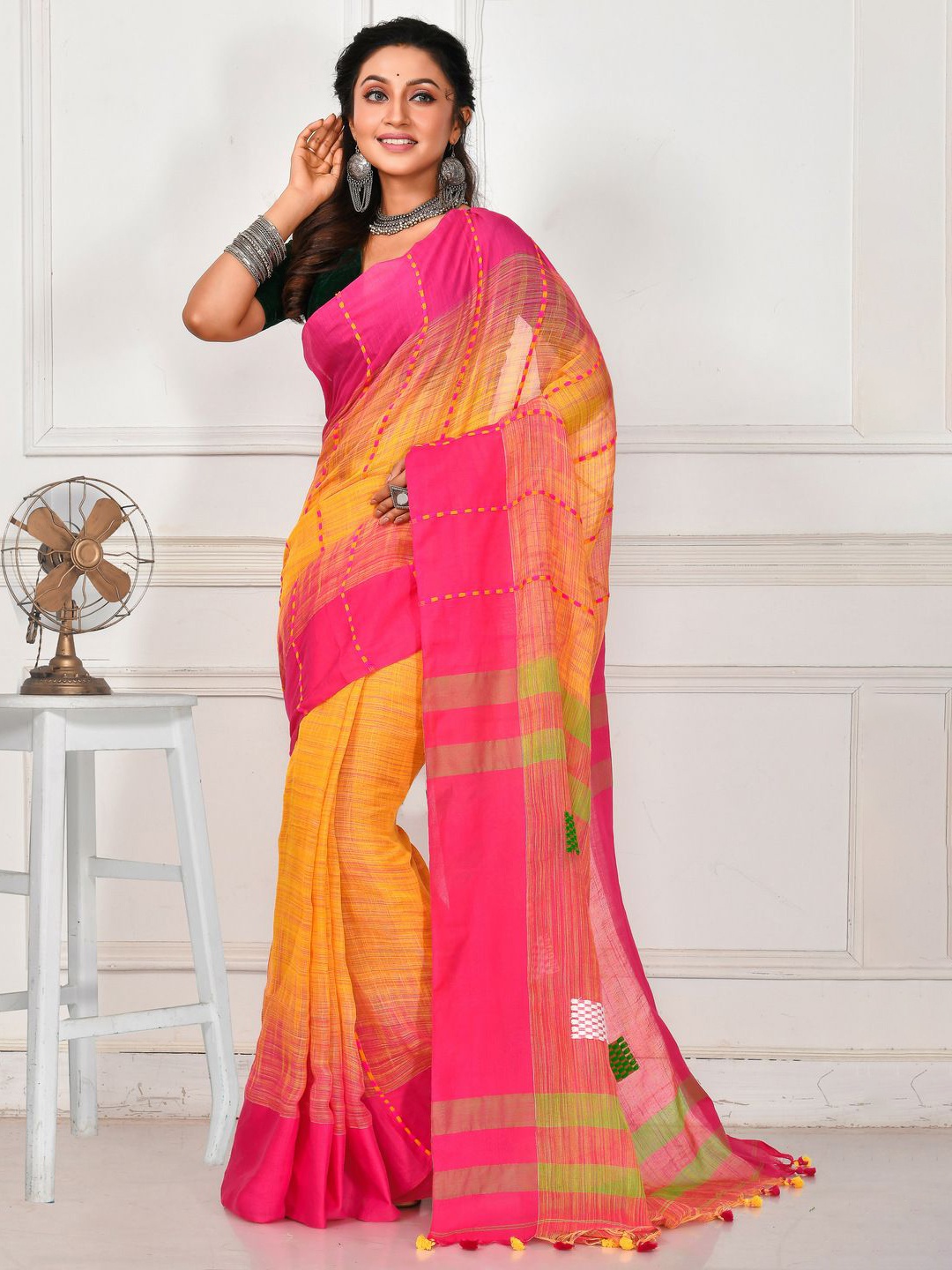 

Crochetin Woven Design Pure Cotton Ready to Wear Saree, Yellow