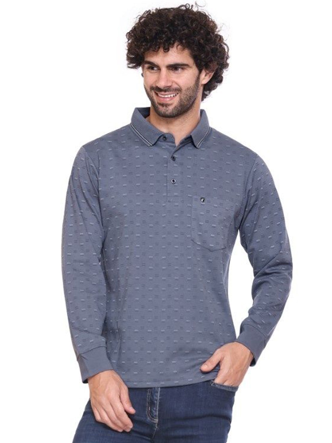 

ARRAY Men Self Design Polo Collar Cotton Slim Fit T-shirt, Blue