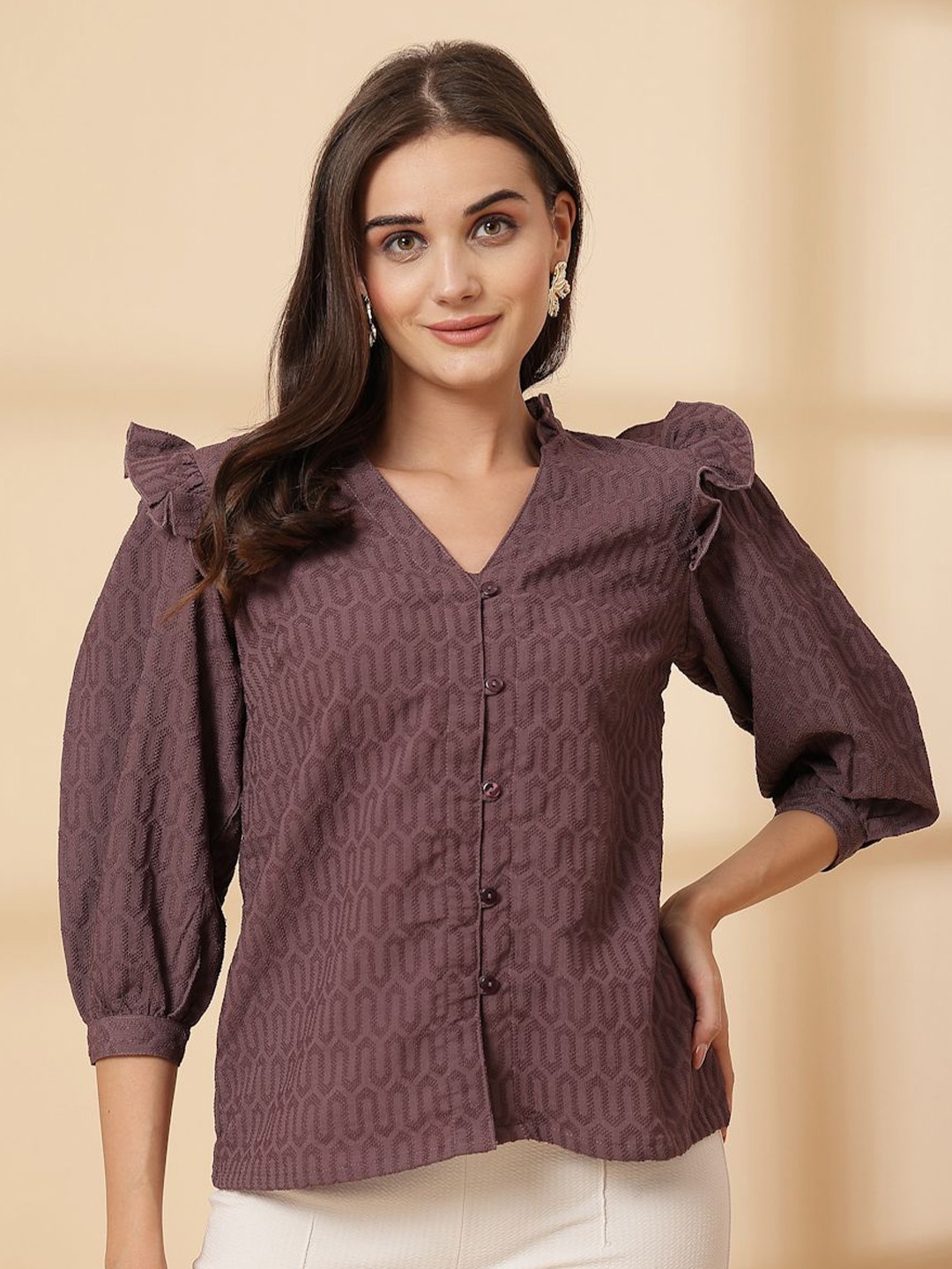 

plusS Geometric Shirt Cuffed Sleeves Style Top, Brown