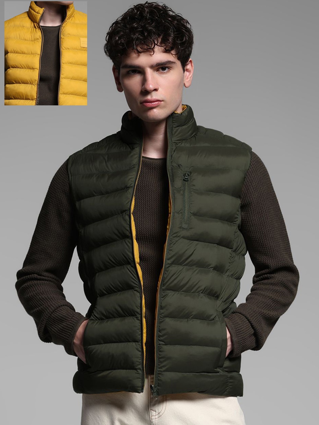 

Jack & Jones Men Mock Collar Solid Casual Reversible Puffer Jacket, Olive