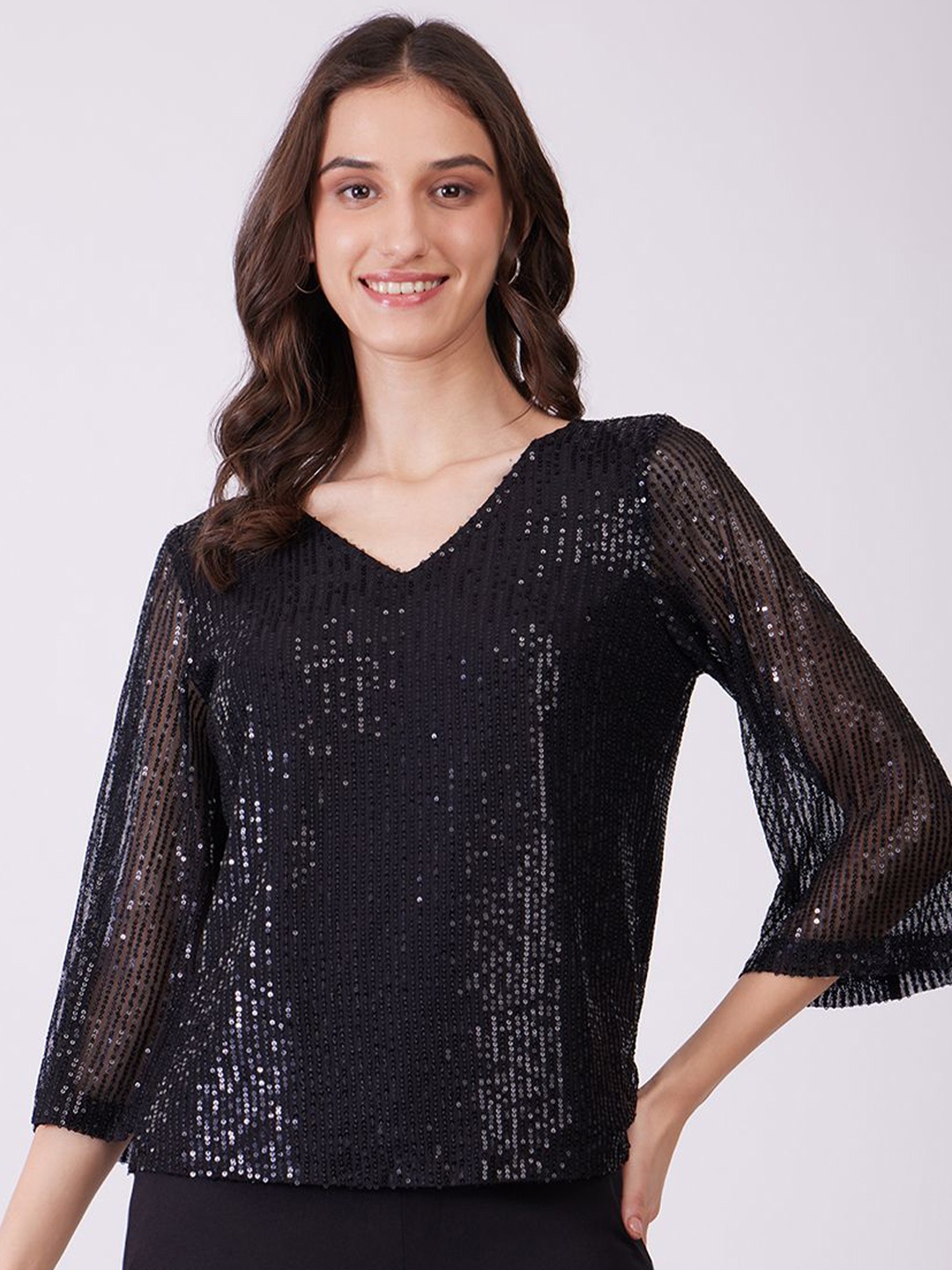 

FableStreet Women Sequinned Embellished V-Neck Styled Back Top, Black