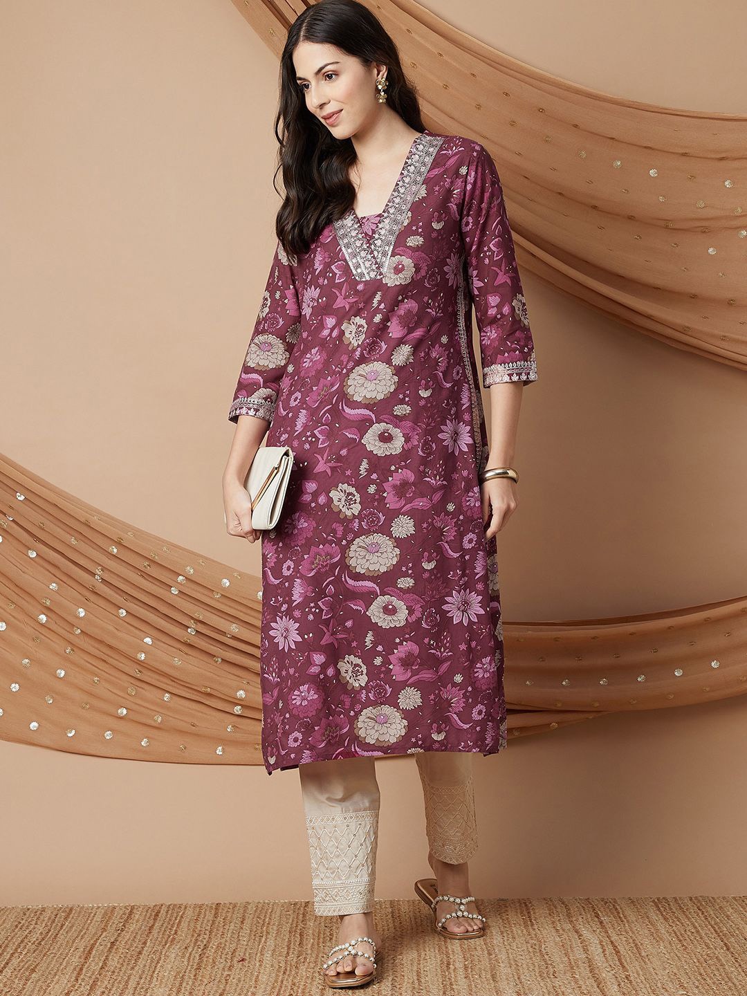 

Melange by Lifestyle Ethnic Motifs Printed Mirror Work A-Line Kurta, Maroon