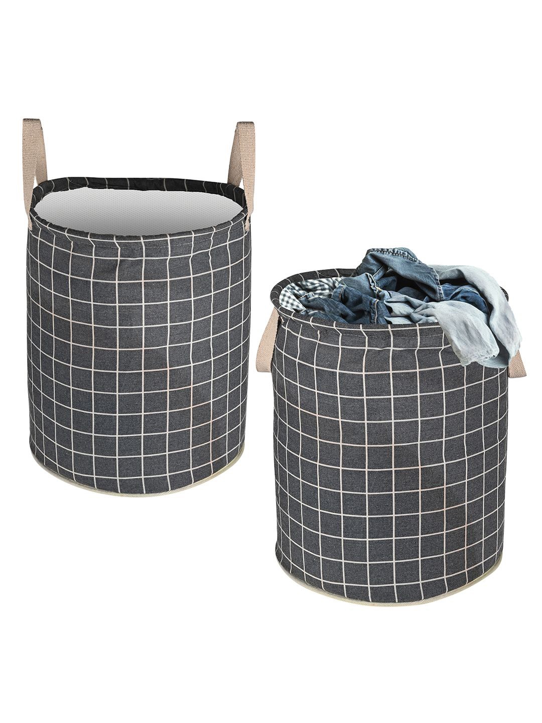 

Kuber Industries Grey & White 2 Pieces Printed Cotton Laundry Baskets With Handles - 60 l