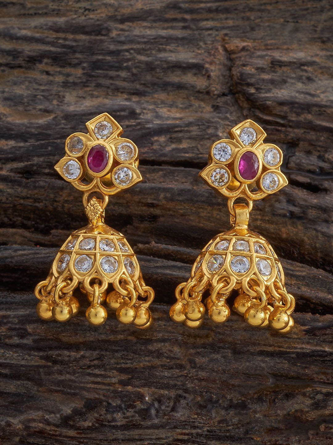 

Kushal's Fashion Jewellery 92.5 Pure Silver Gold-Plated Stone Studded Dome Shaped Jhumkas