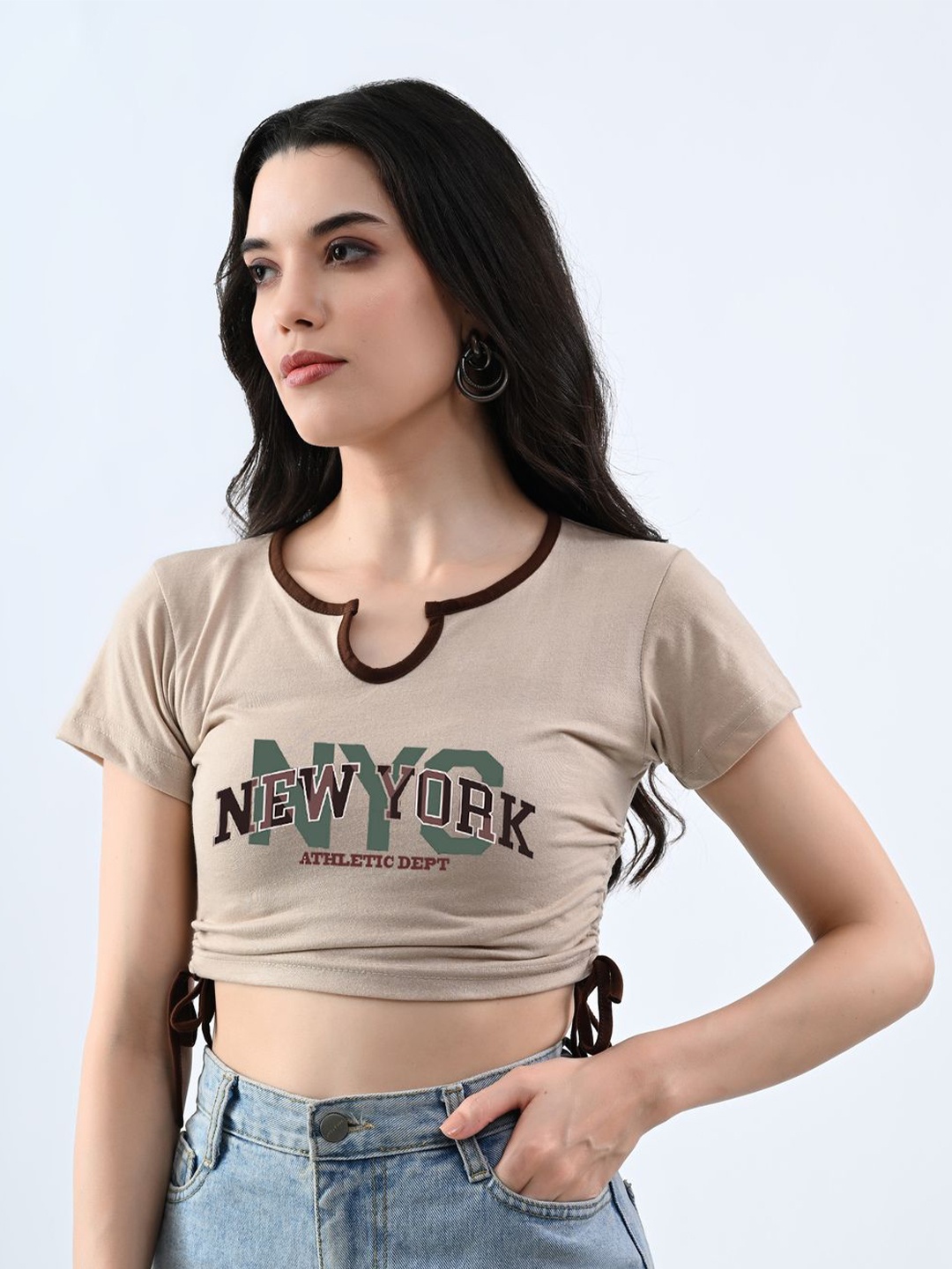 

Genzy Women Cotton round neck typography Print Crop top, Beige