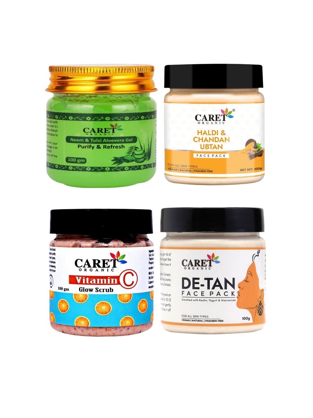 

CARET ORGANIC Set of 4 Neem Gel with Ubtan & De-Tan Face Pack with Face Scrub - 100 Each, White