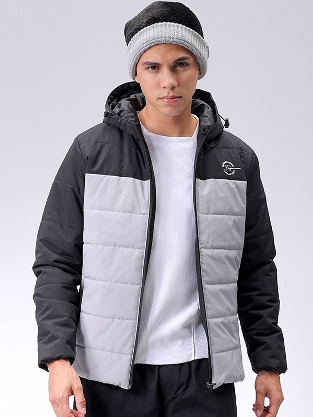 

The Indian Garage Co Men Hooded Colourblocked Slim Fit Puffer Jacket, Grey