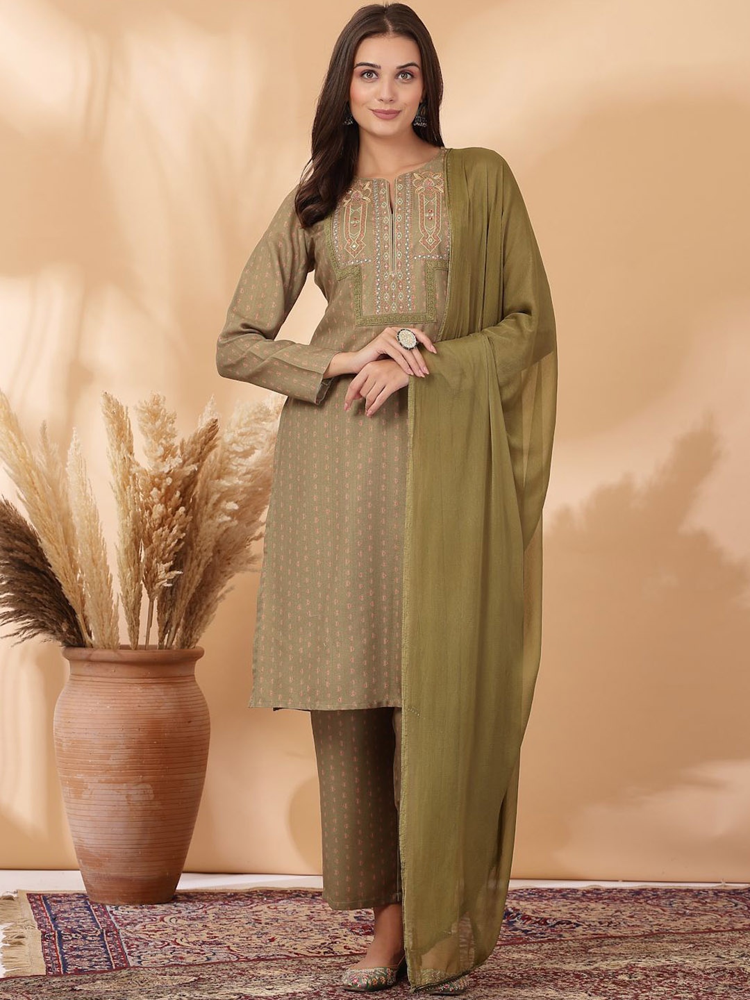 

Nayam By Lakshita Ethnic Motifs Embroidered Straight Kurta With Palazzos & Dupatta, Green