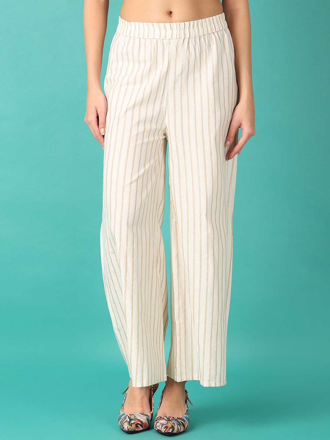 

V-Mart Women Striped Cotton Knitted Ethnic Palazzos, Off white