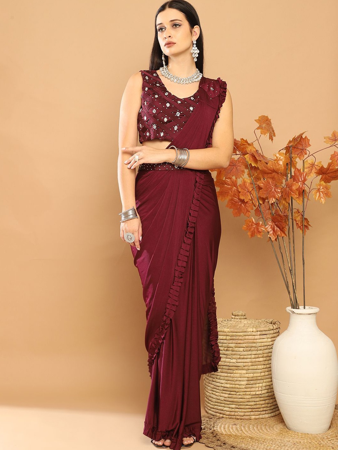 

Mitera Beads and Stones Ready to Wear Saree, Burgundy