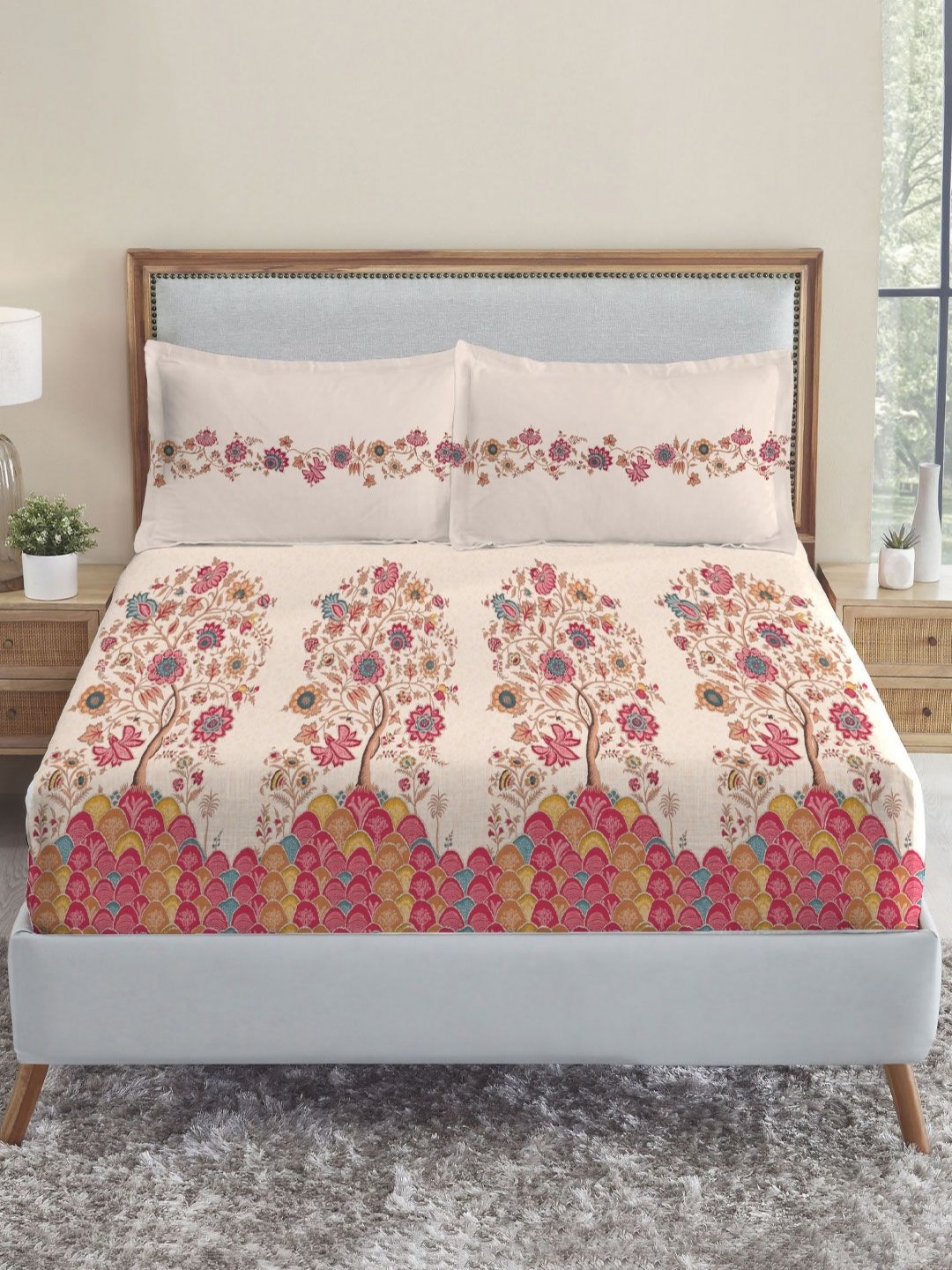 

MYTRIDENT Classic Folklores Pink Floral 210 TC Cotton King Bedsheet Set-2.74 m X 2.74 m, Beige