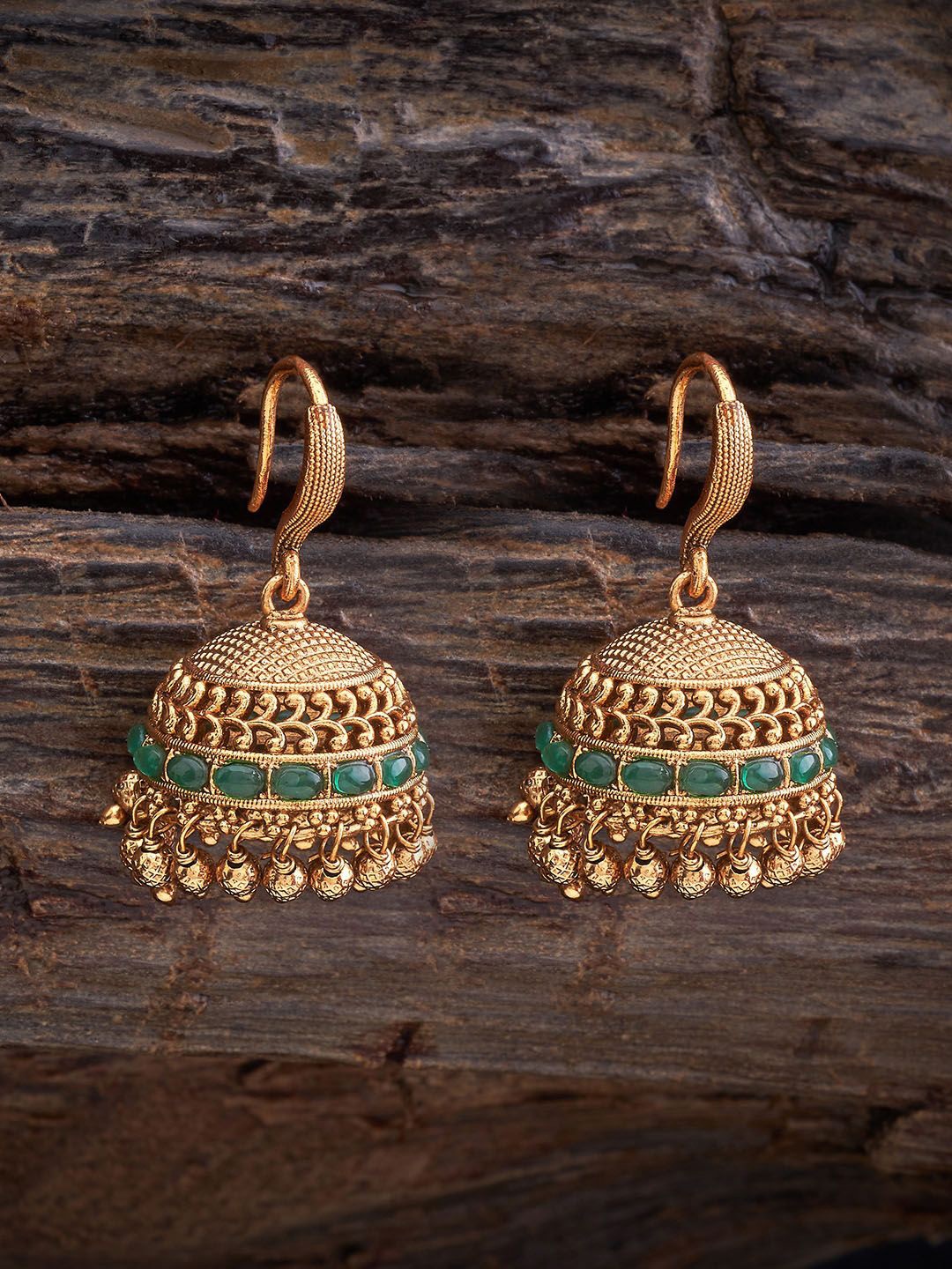 

Kushal's Fashion Jewellery Gold-Plated Stone Studded Dome Shaped Antique Jhumkas, Green