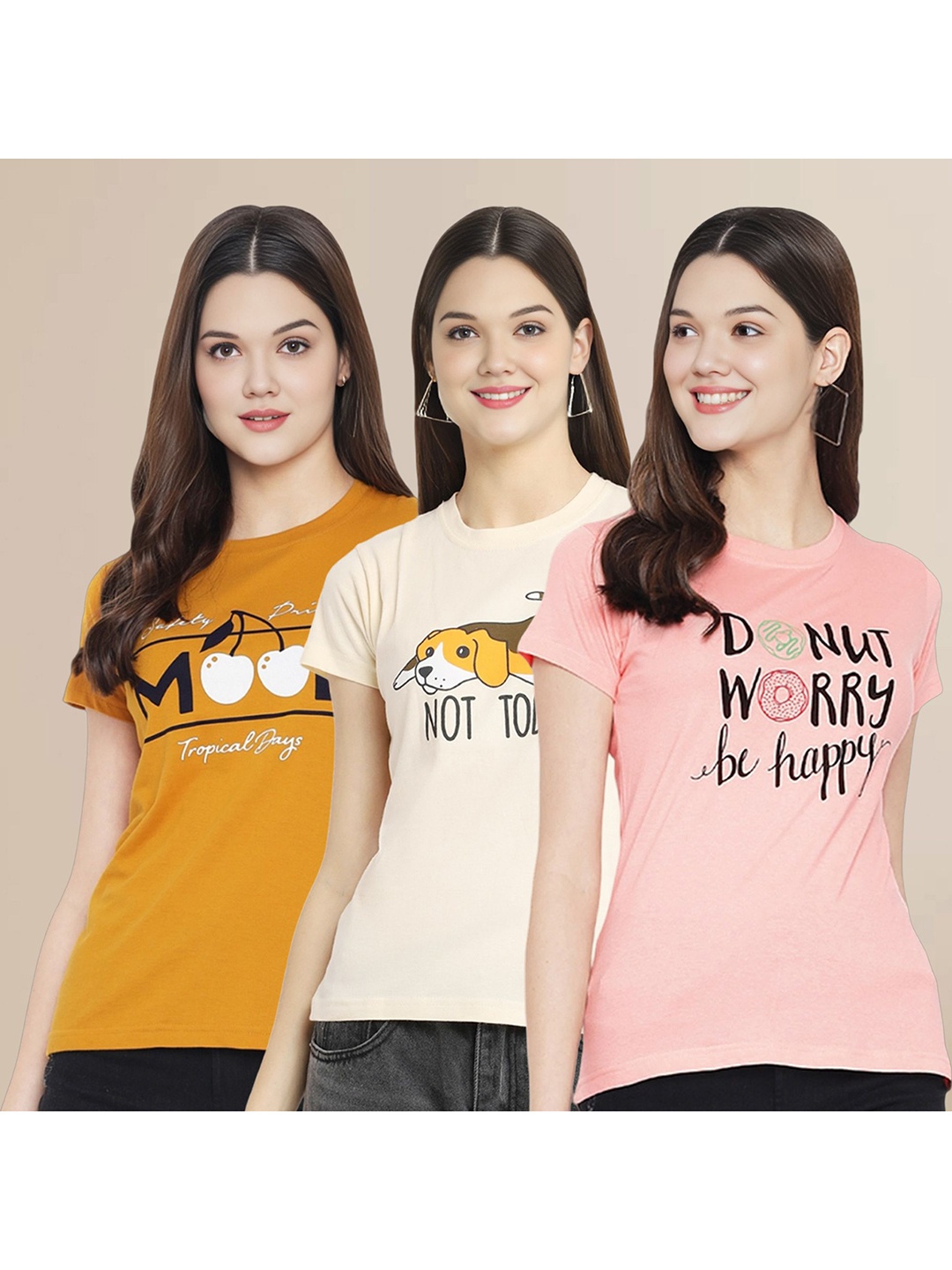 

Metronaut Women Pack Of 3 Typography Printed Round Neck Cotton T-shirts, Mustard