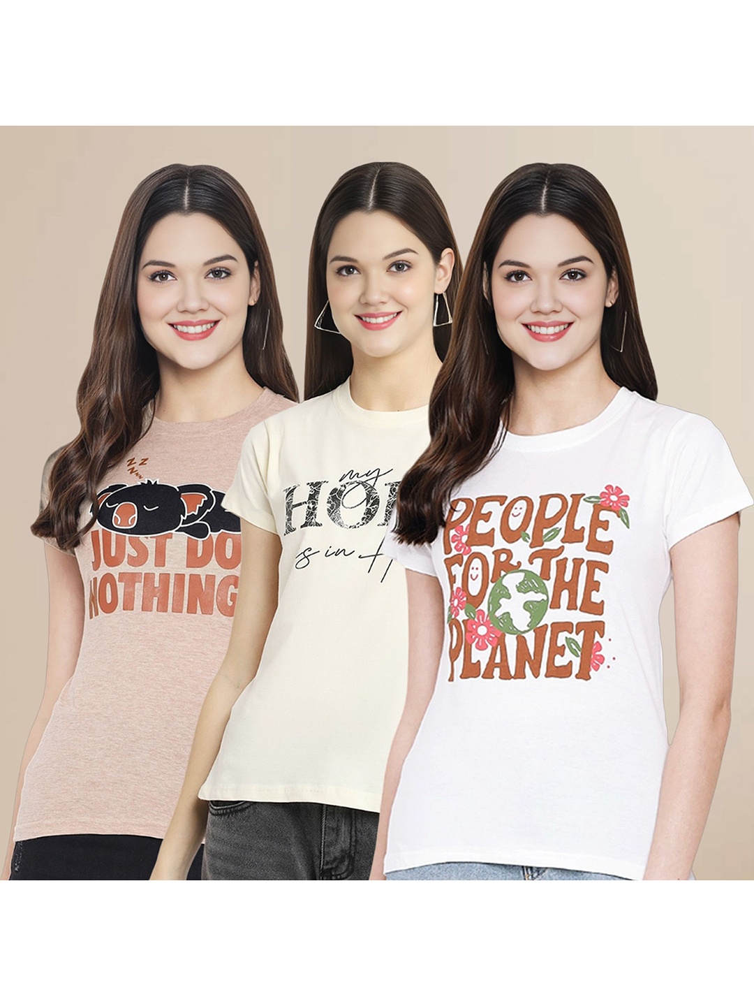 

Metronaut Women Pack Of 3 Typography Printed Round Neck Cotton T-shirts, Beige