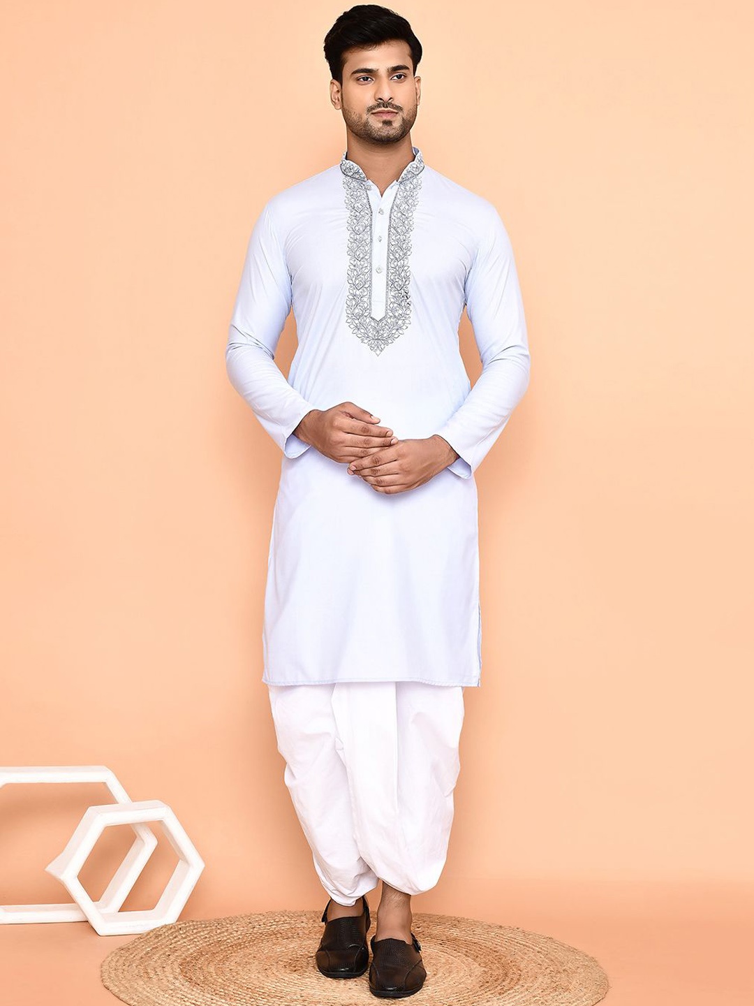 

Arihant Rai Sinha Floral Embroidered Regular Pure Cotton Kurta With Dhoti Pant, Blue