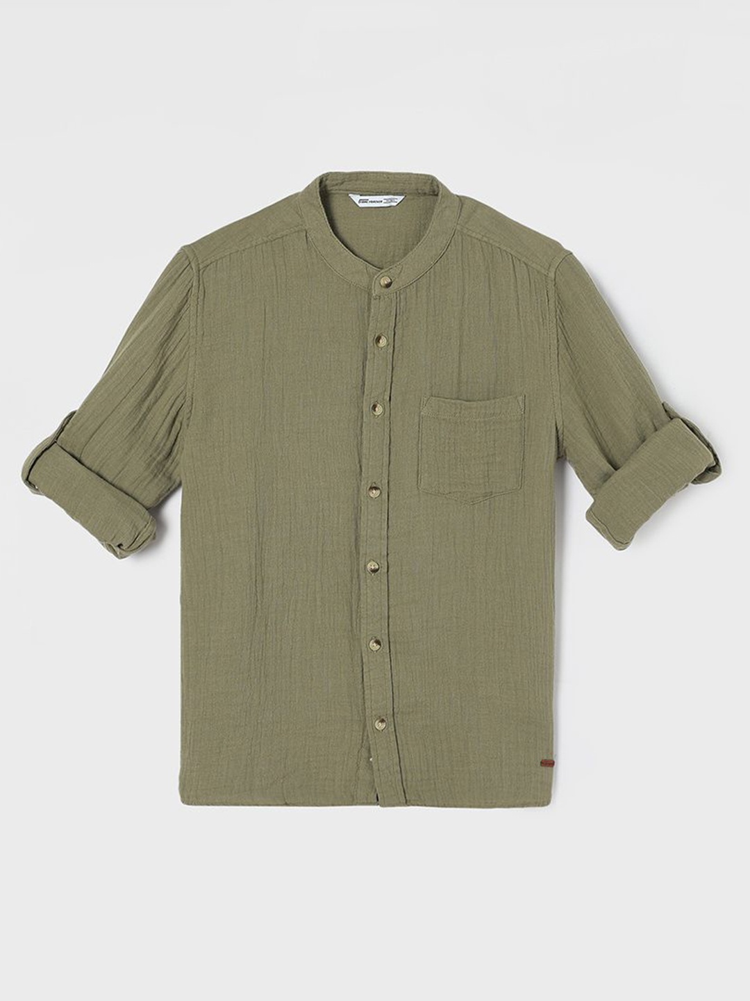 

Fame Forever by Lifestyle Boys Band Collar Solid Cotton Casual Shirt, Olive