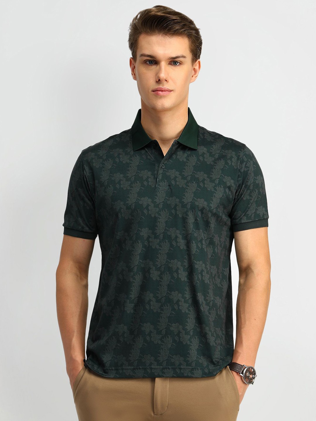 

Arrow Men Floral Printed Polo Collar Cotton T-shirt, Green