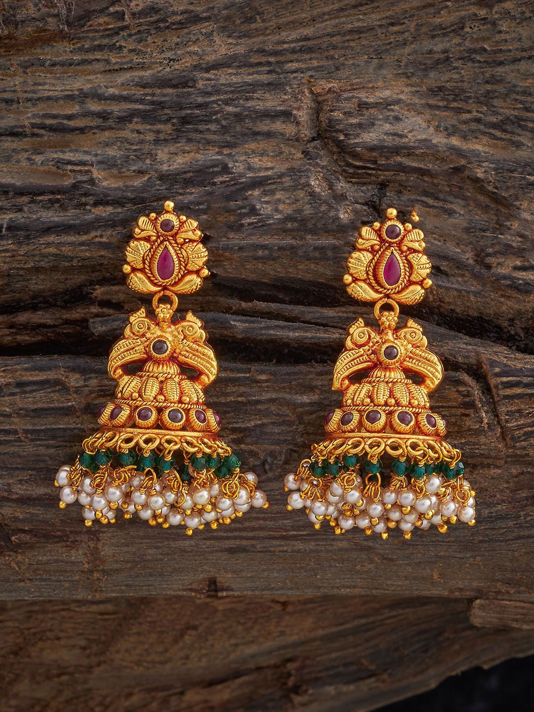 

Kushal's Fashion Jewellery 92.5 Pure Silver Gold-Plated Artificial Stones Jhumkas Earrings, Red