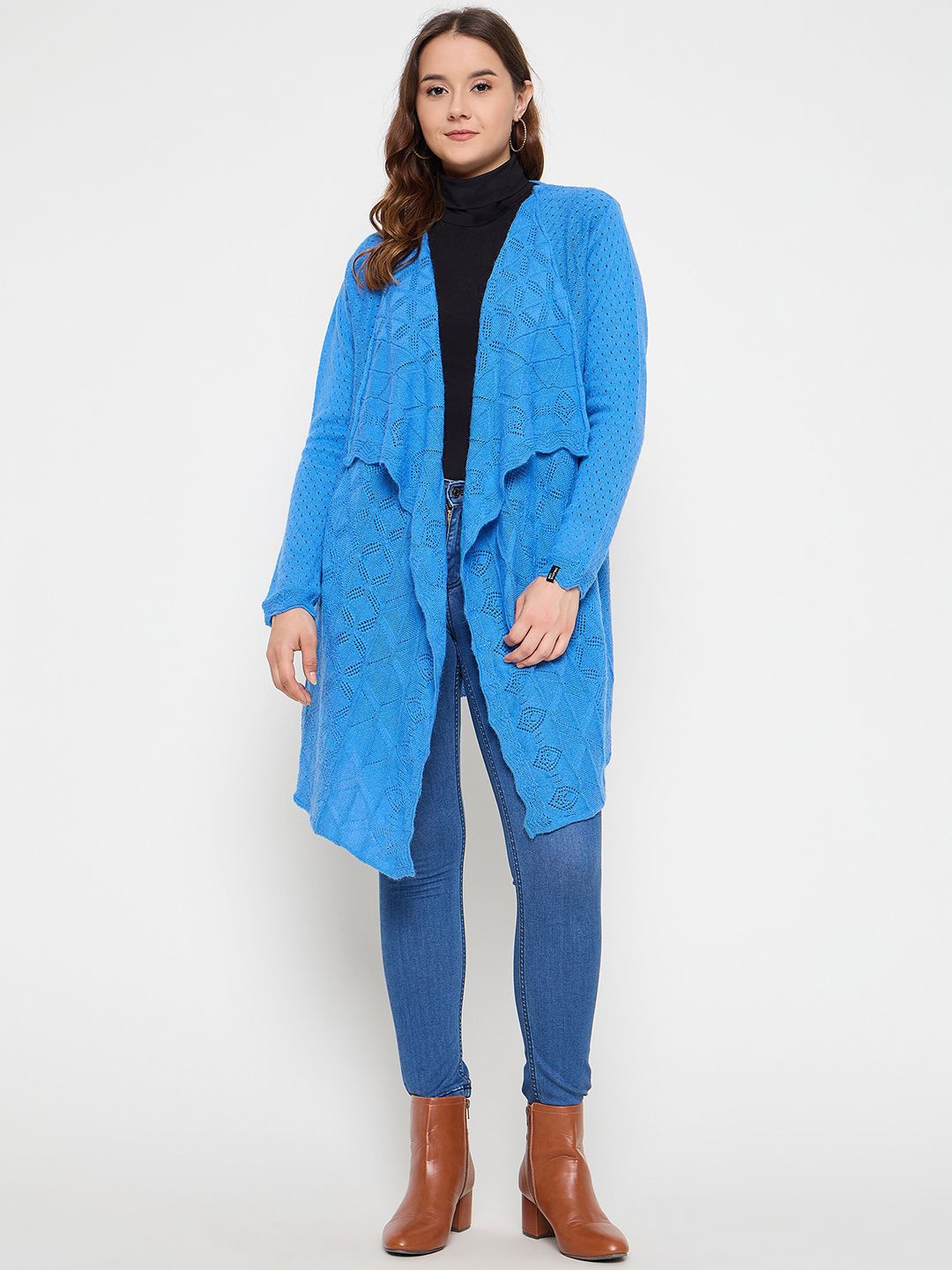 

CREATIVE LINE Self Design Woollen Longline Open Front Shrug, Blue