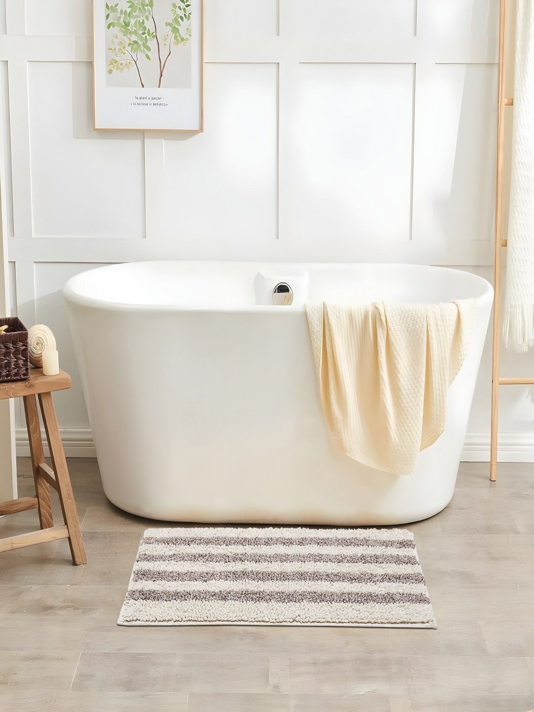 

CAZIMO Brown & White Striped Pure Cotton Bath Rug