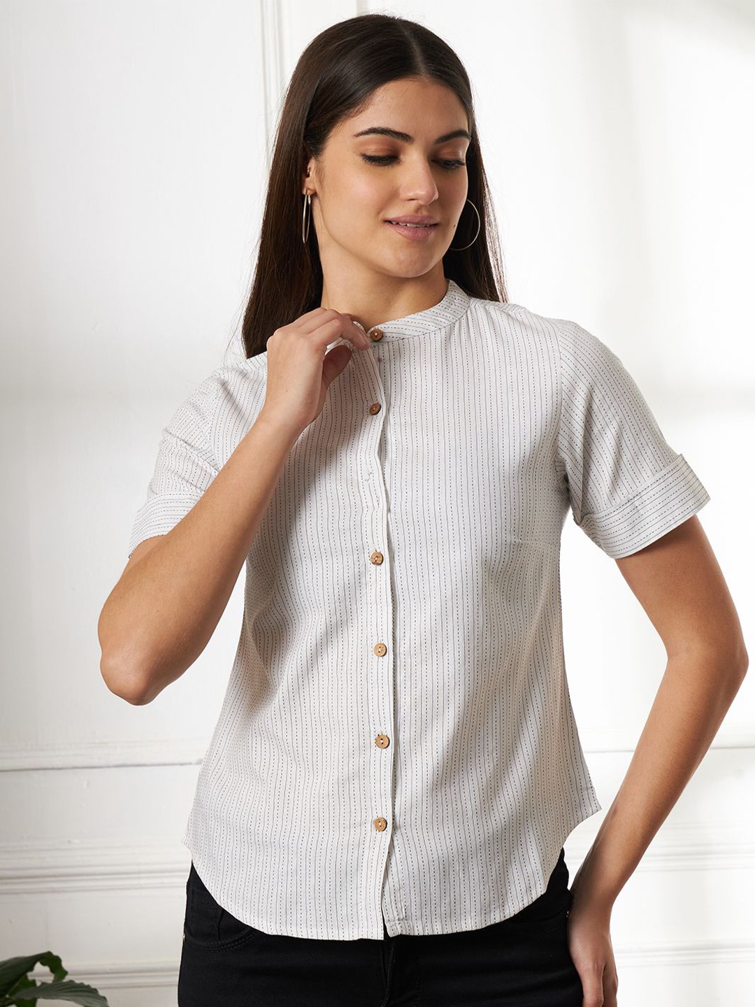 

Anouk Rustic Women Mandarin Collar Cotton Shirt Style Top, White