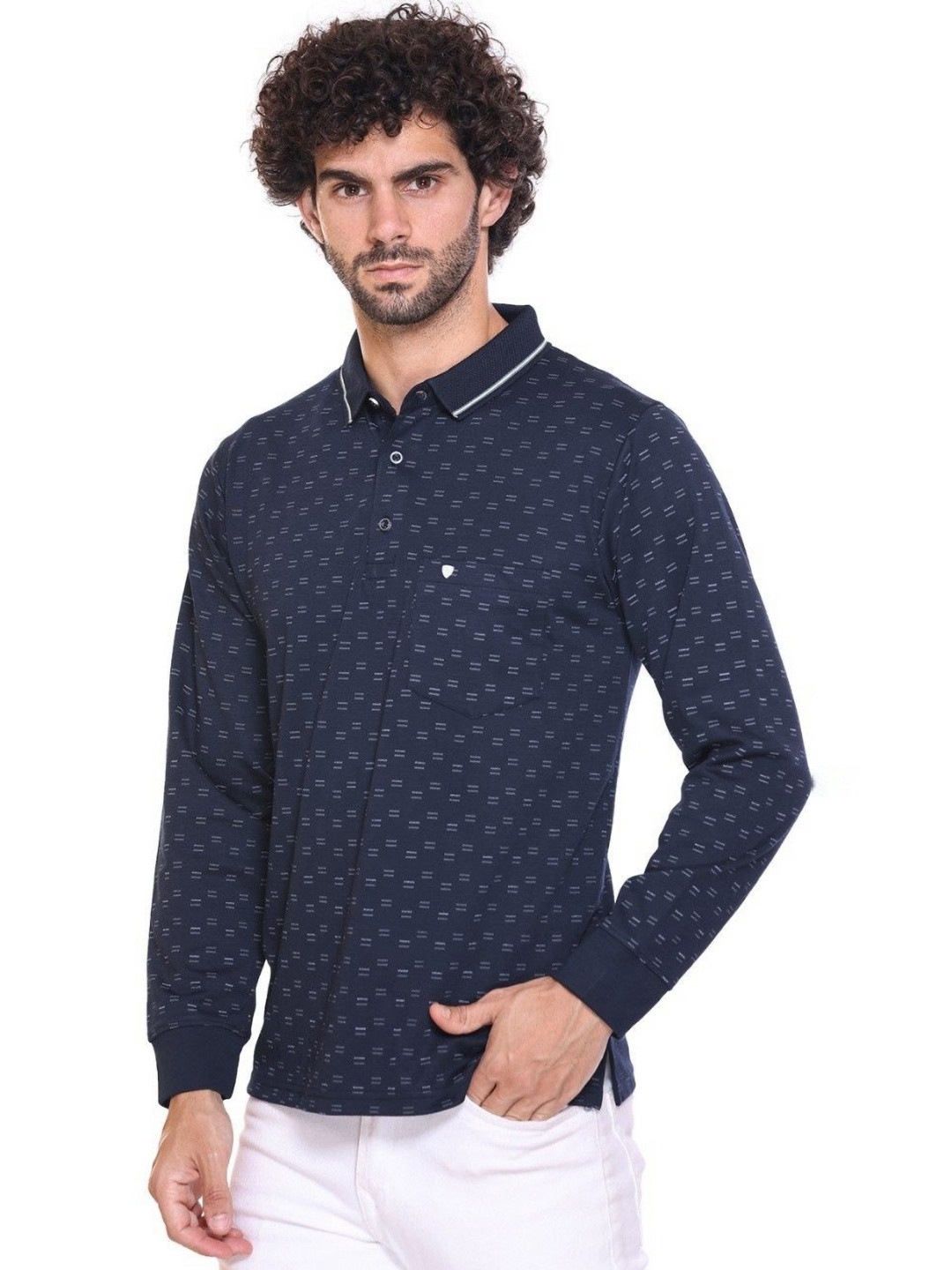 

ARRAY Men Conversational Printed Polo Collar Cotton Slim Fit T-shirt, Navy blue