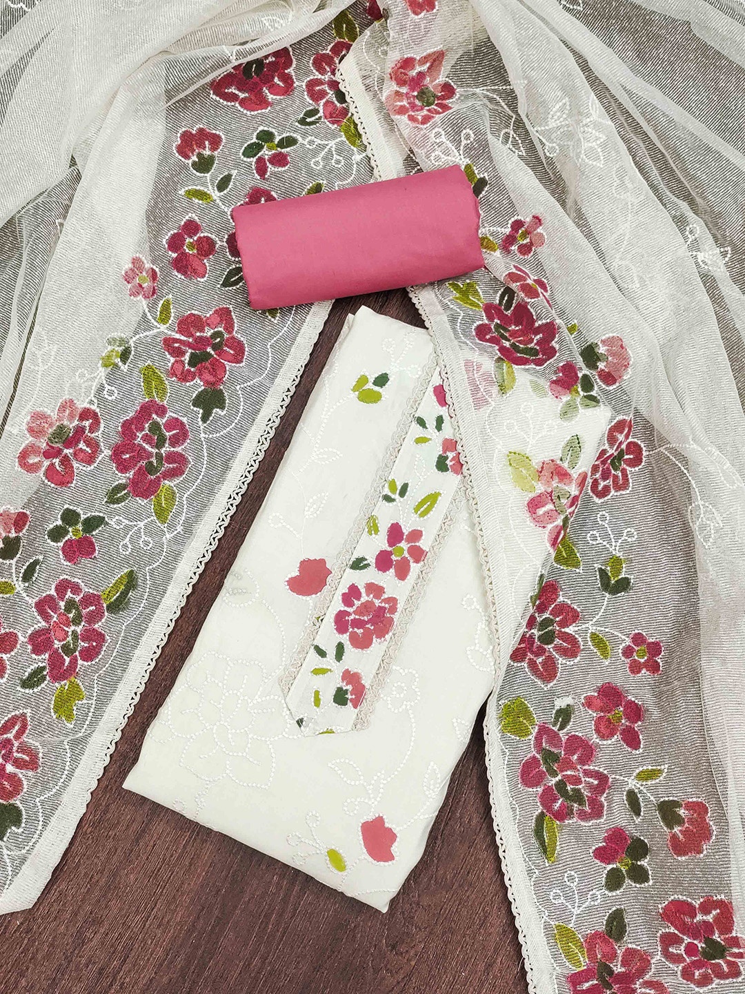 

KALINI Floral Embroidered Unstitched Dress Material, White