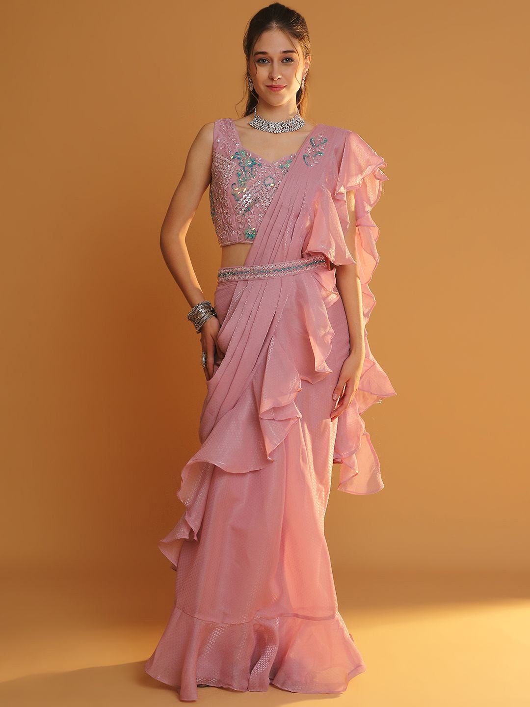 

Mitera Beads and Stones Organza Ready to Wear Saree, Pink