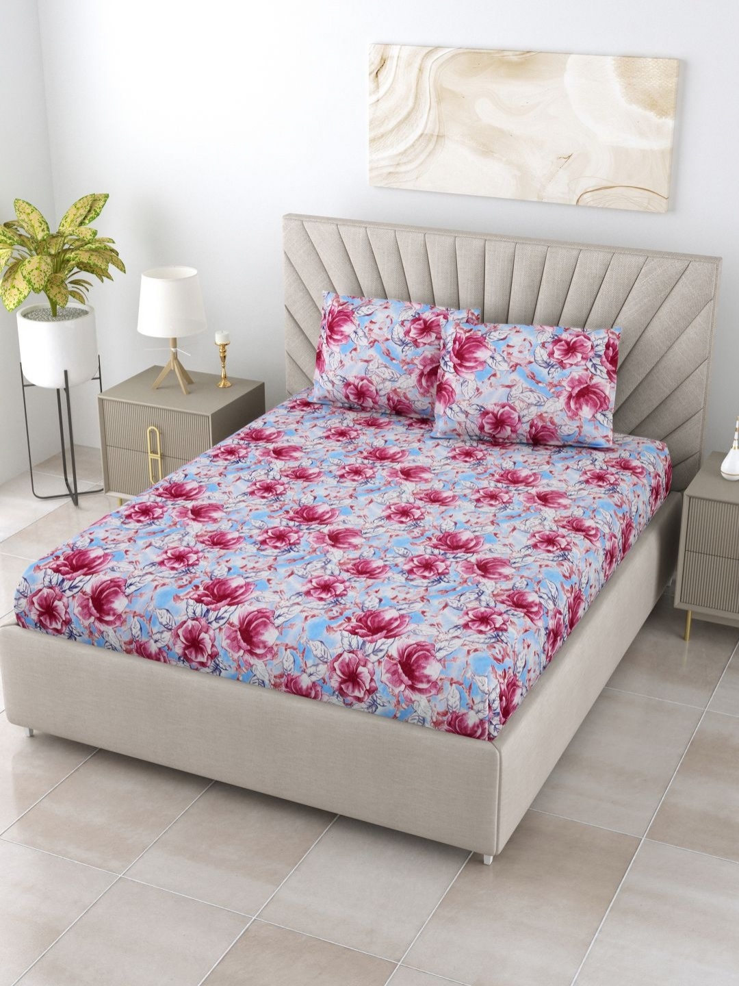 

BOMBAY DYEING Dream Lover Maroon Floral Cotton 104 TC Queen Bedsheet Set 2.24 m x 2.54 m