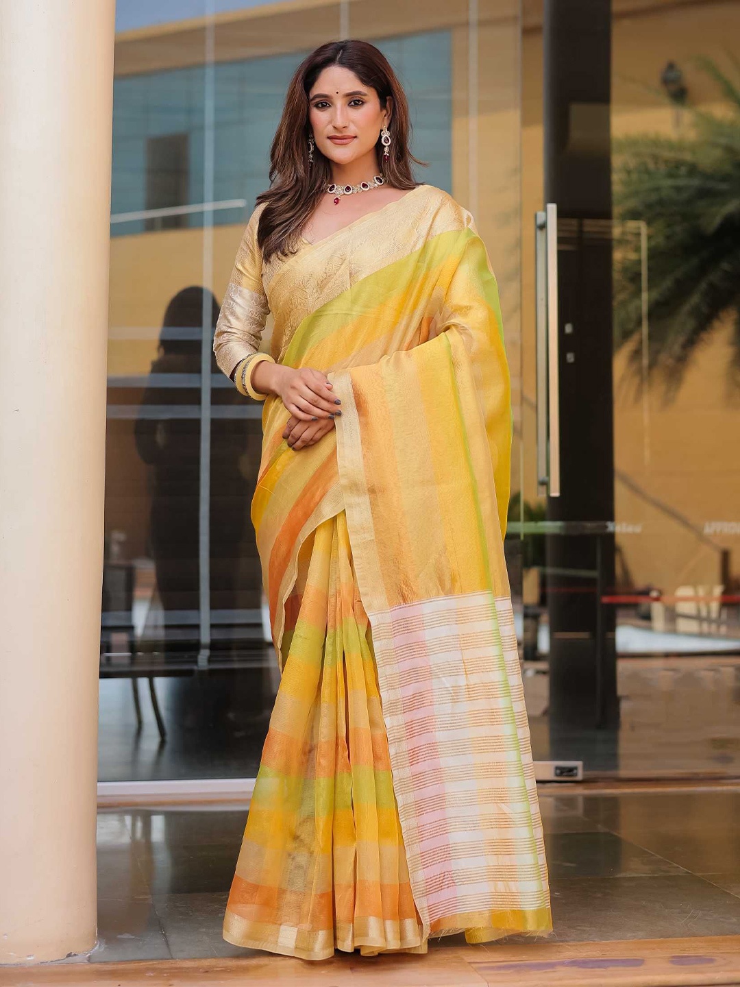 

Kandora Woven Design Zari Pure Silk Banarasi Saree With Unstitched Blouse Piece, Yellow