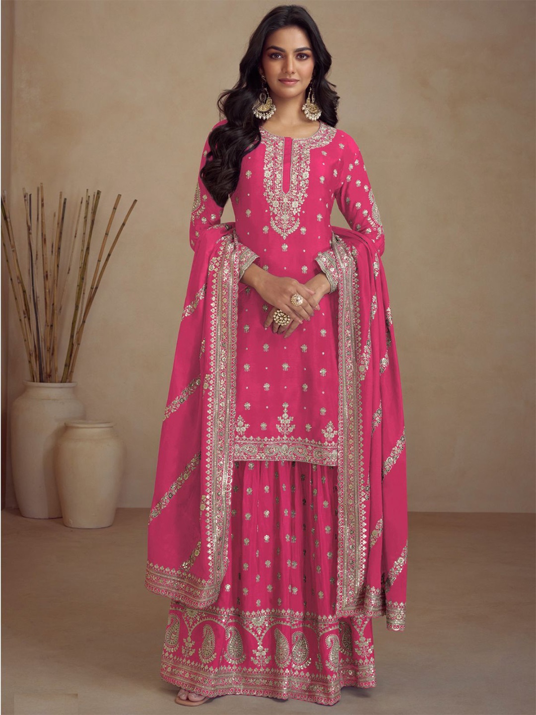 

ODETTE Floral Embroidered Straight Kurta with Sharara & Dupatta, Pink