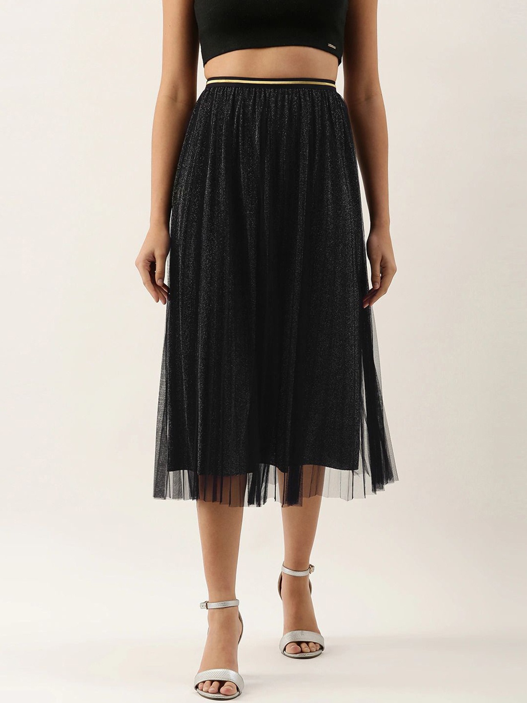 

SHECZZAR Women Pleated Flared Maxi Skirt, Black