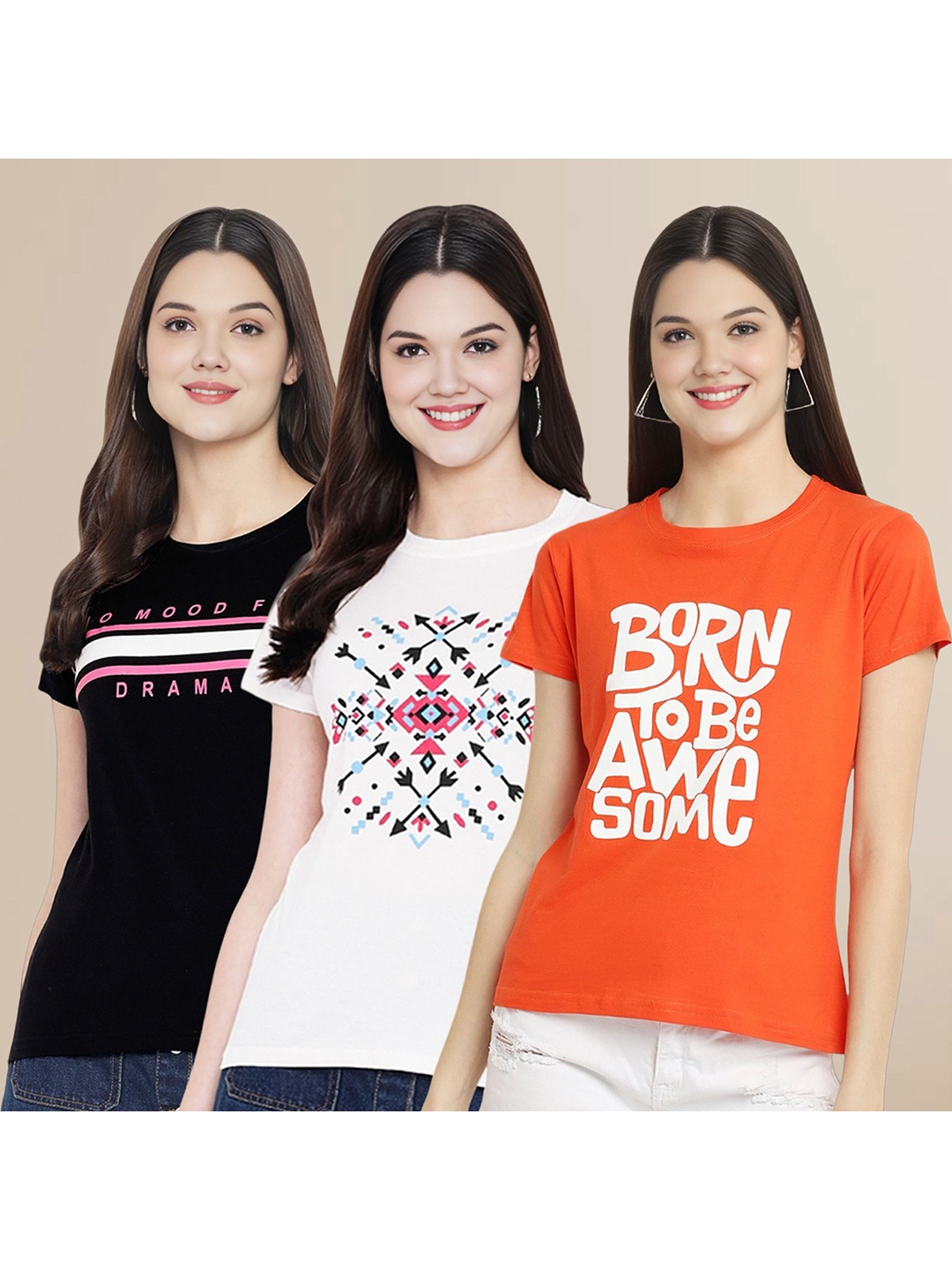 

Metronaut Women Pack Of 3 Typography Printed Round Neck Cotton T-shirts, White
