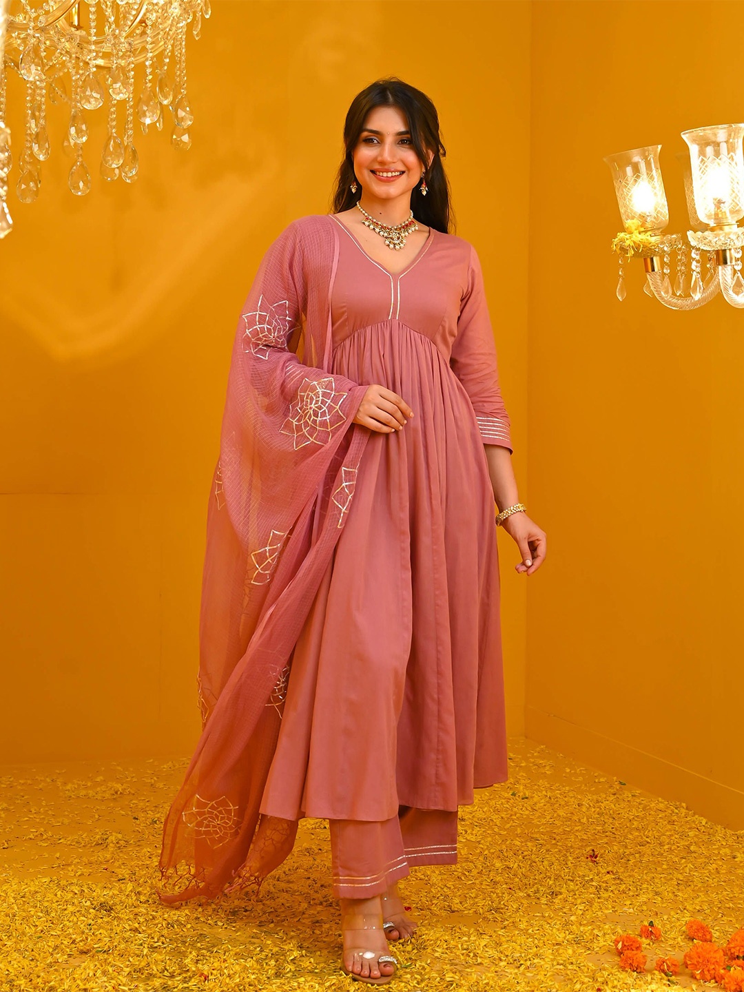 

Bunaai Gotta Patti Anarkali Kurta With Trouser & Dupatta, Mauve