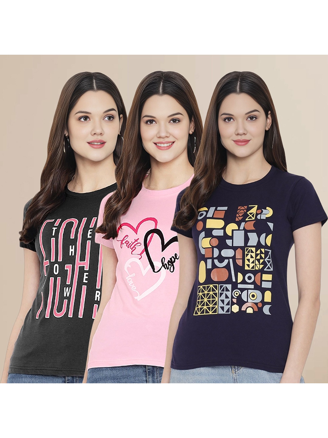 

Metronaut Women Pack Of 3 Typography Printed Round Neck Cotton T-shirts, Black