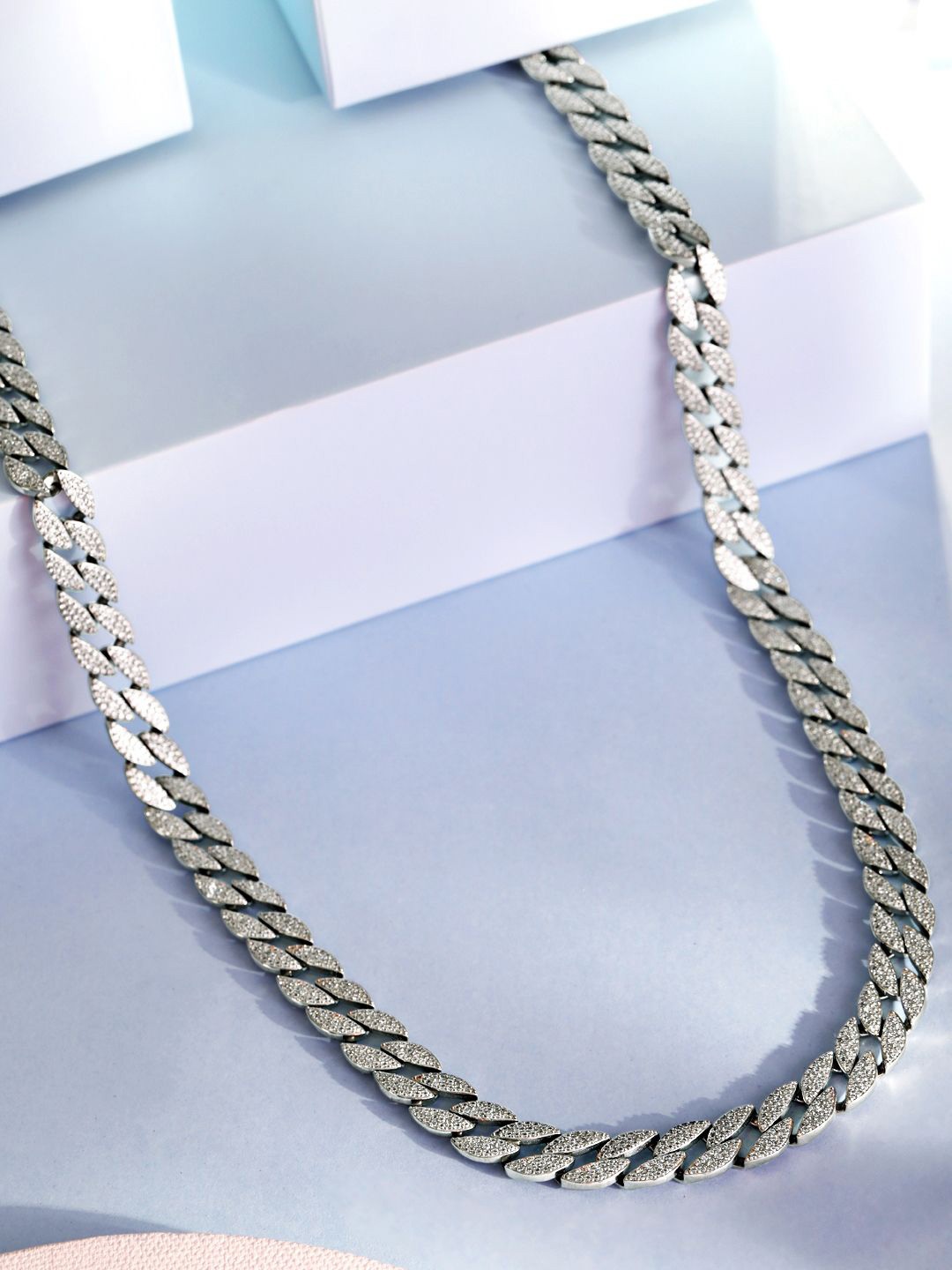 

Zavya Men 925 Sterling Silver Rhodium-Plated Stone Studded Curb Chain
