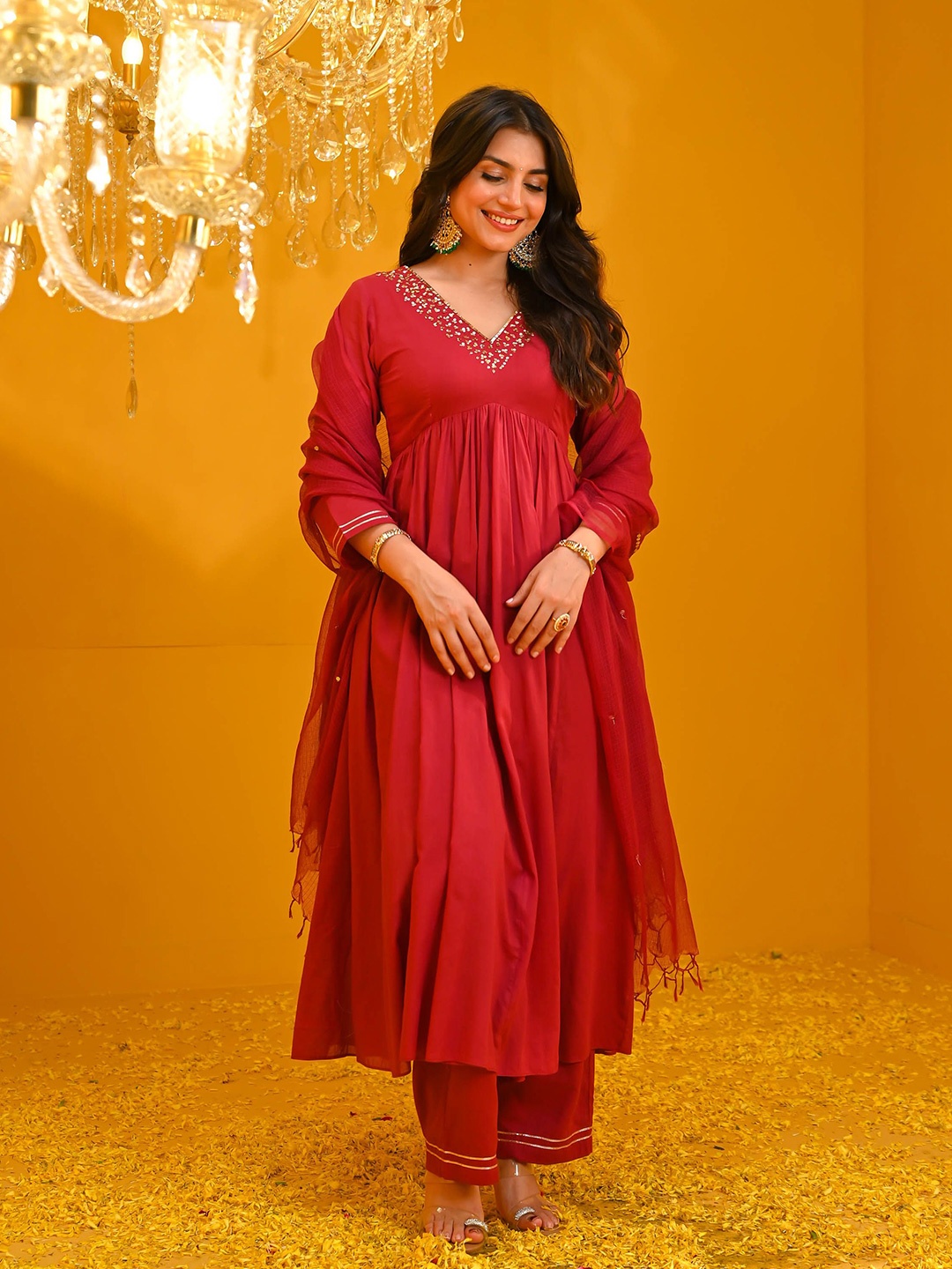 

Bunaai Sequinned Anarkali Kurta With Trouser & Dupatta, Maroon