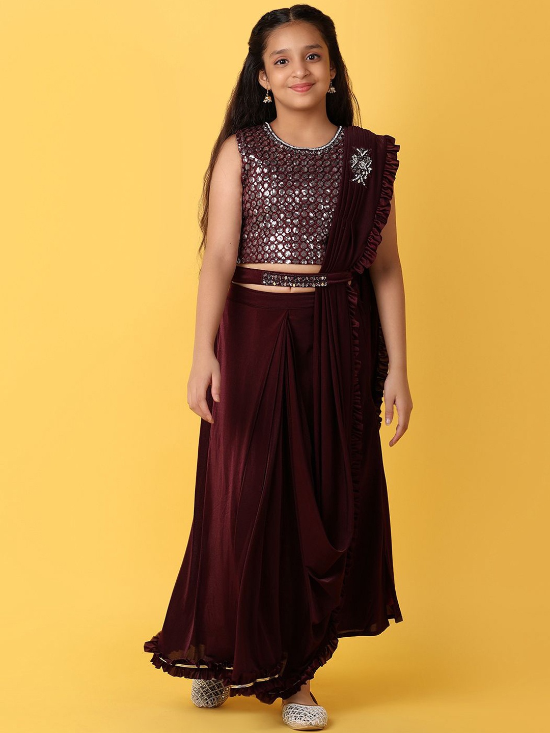 

V-Mart Girls Embellished Round Neck Party Wear Lehenga Choli, Maroon