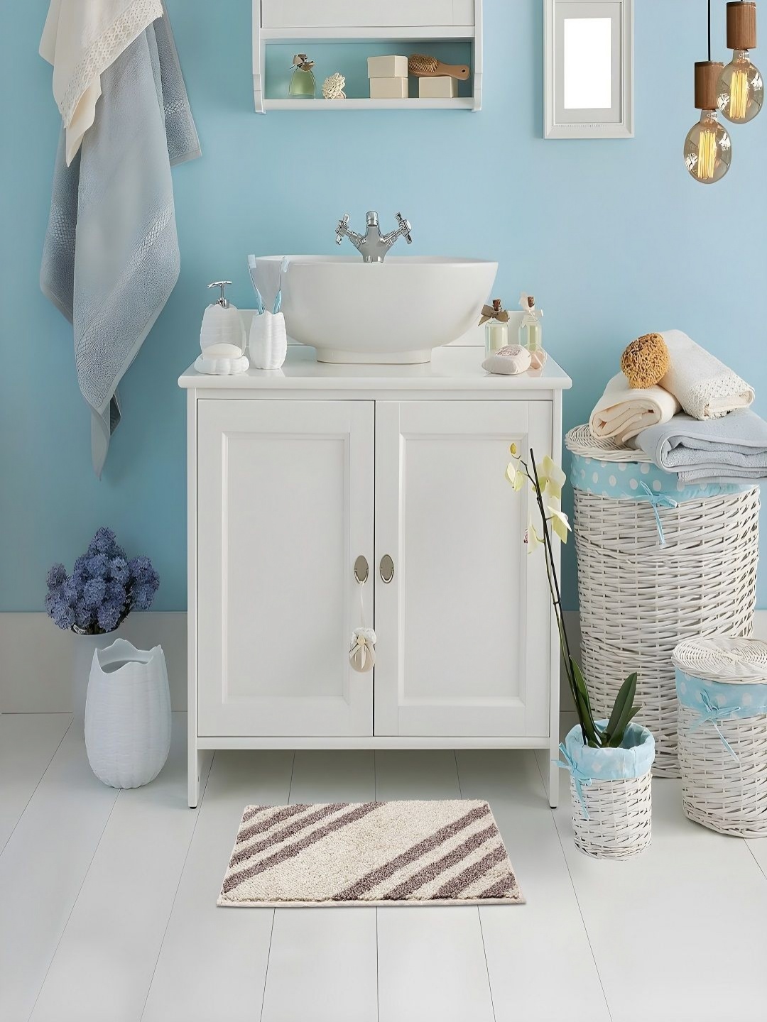 

CAZIMO Brown & White Striped Pure Cotton Bath Rug