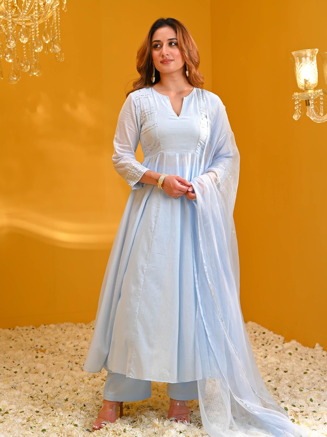 

Bunaai Quirky Yoke Design Sequinned Anarkali Kurta With Trousers & Dupatta, Blue