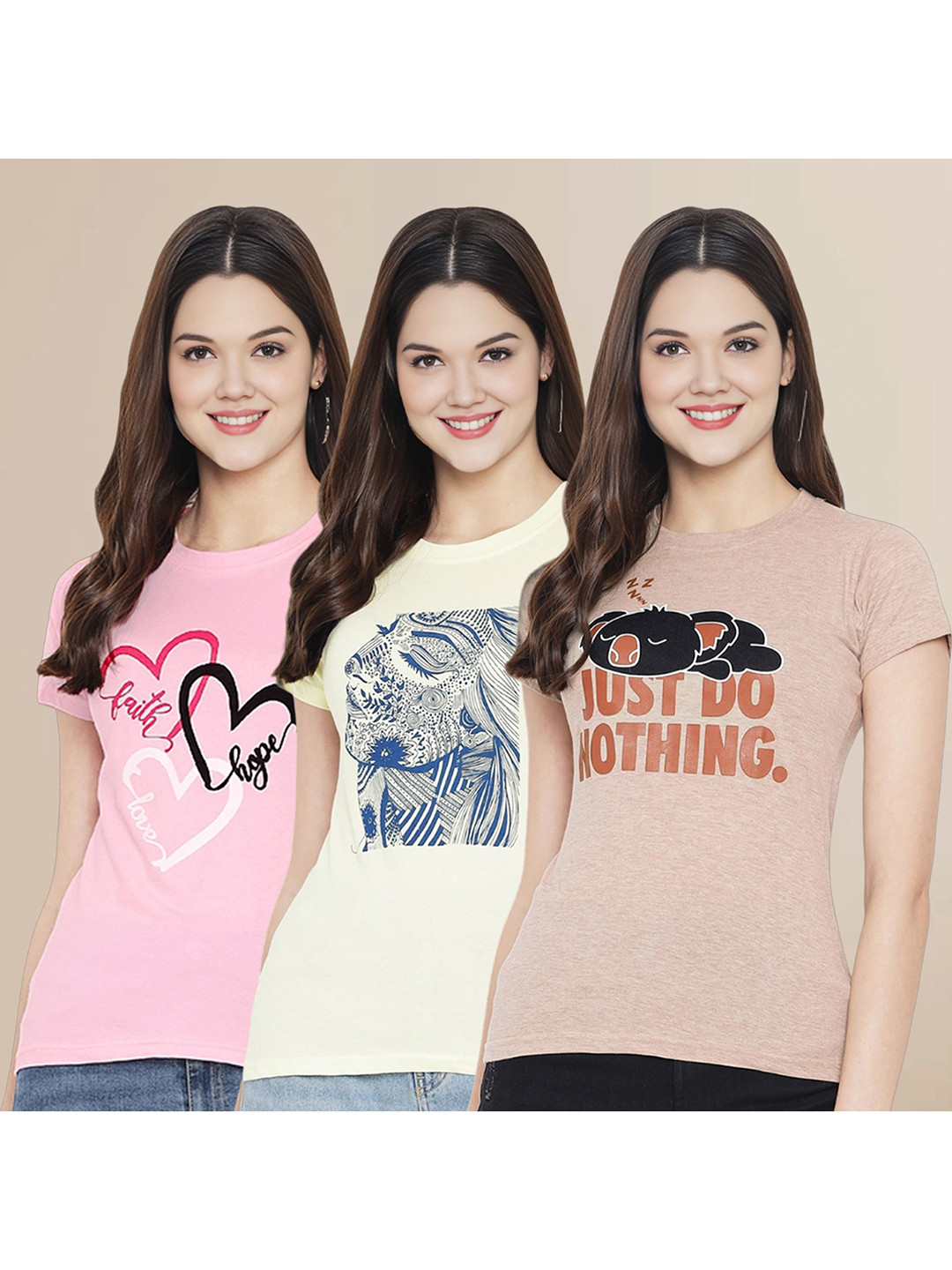 

Metronaut Women Pack Of 3 Typography Printed Round Neck Cotton T-shirts, Beige