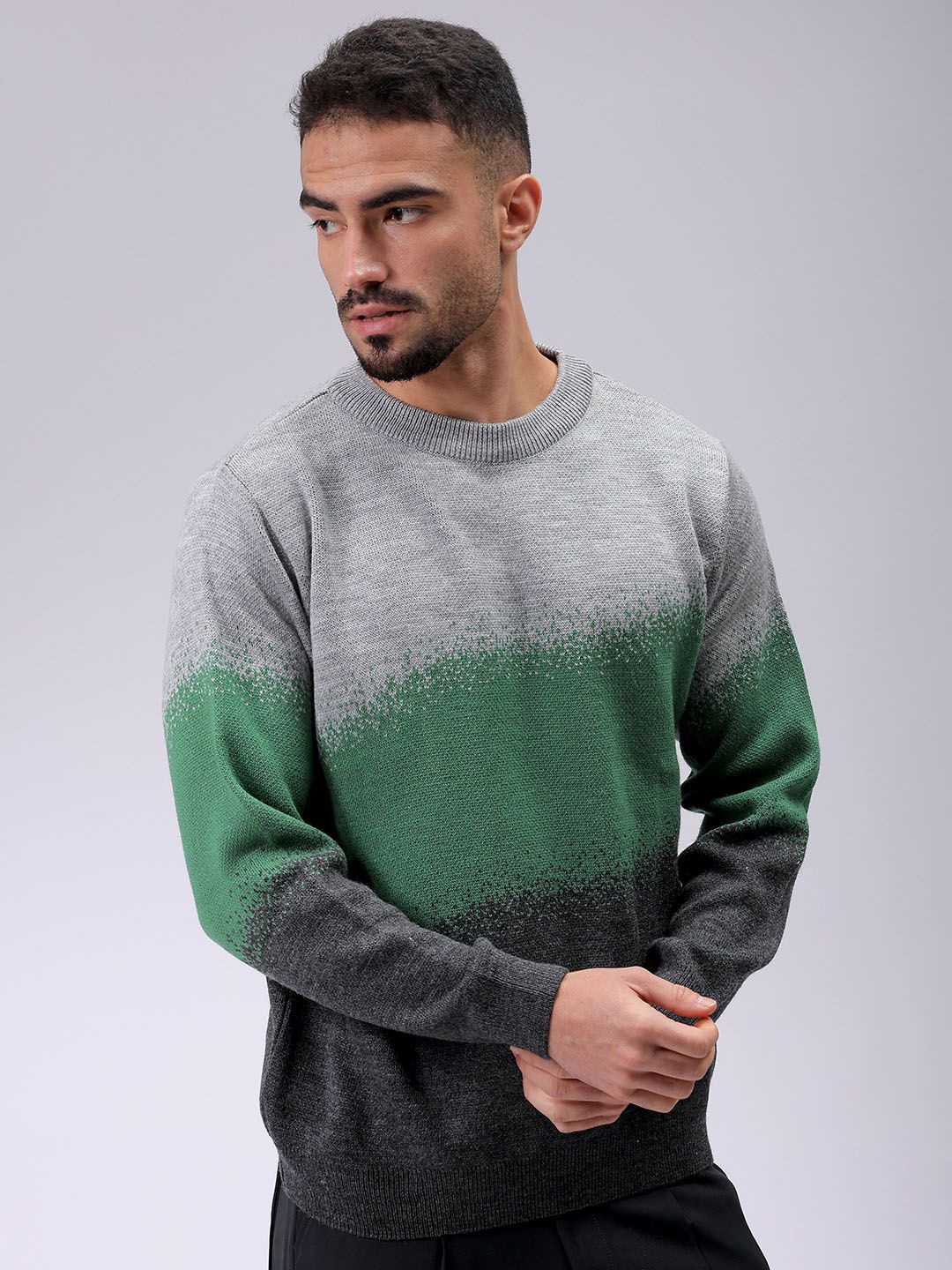 

The Indian Garage Co Men Acrylic Colourblocked Round Neck Full Sleeves Pullover Sweaters, Grey