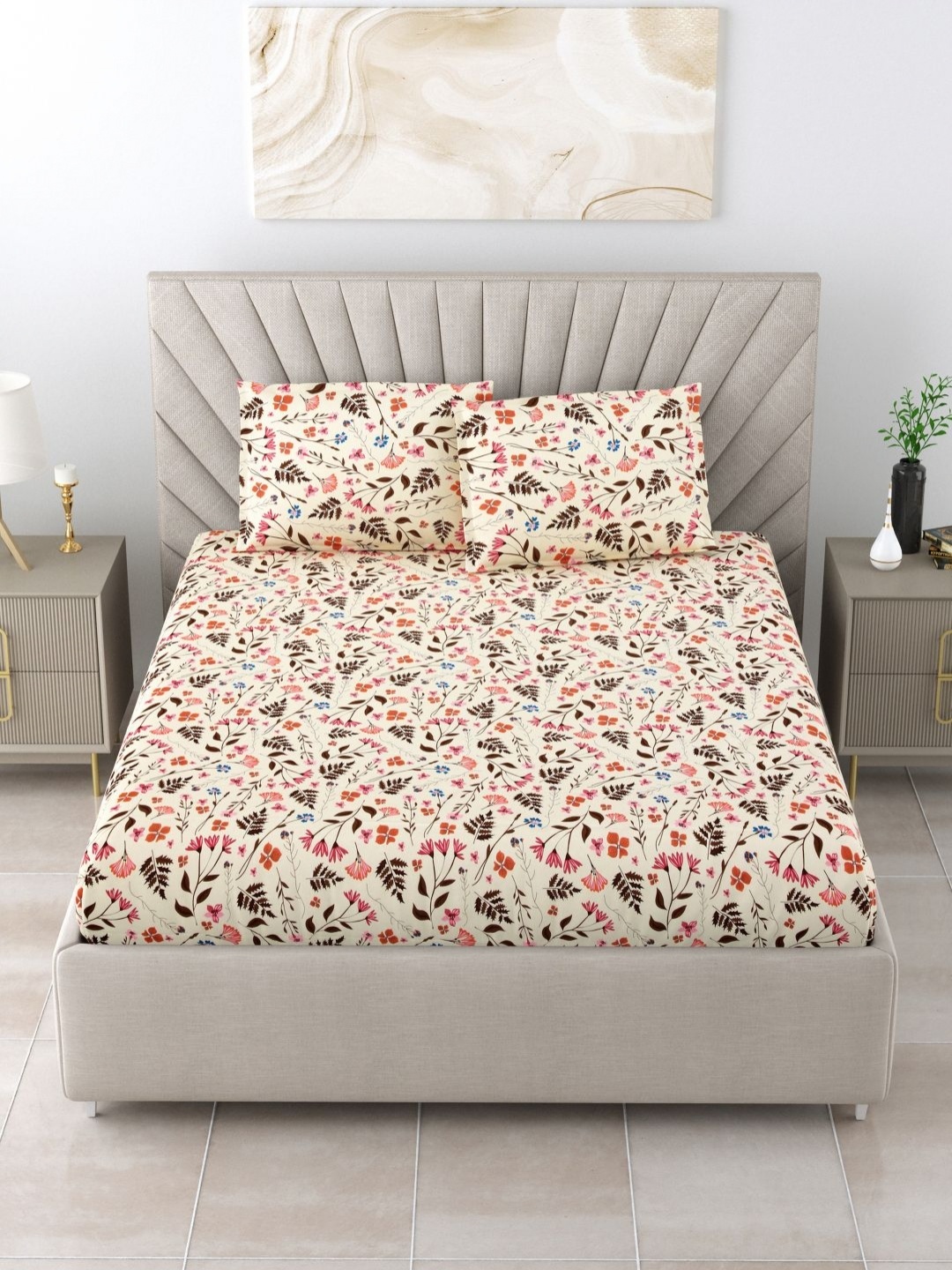 

BOMBAY DYEING Epigram Brown Floral Cotton 144 TC Queen Bedsheet Set 2.24 m x 2.54 m, Cream