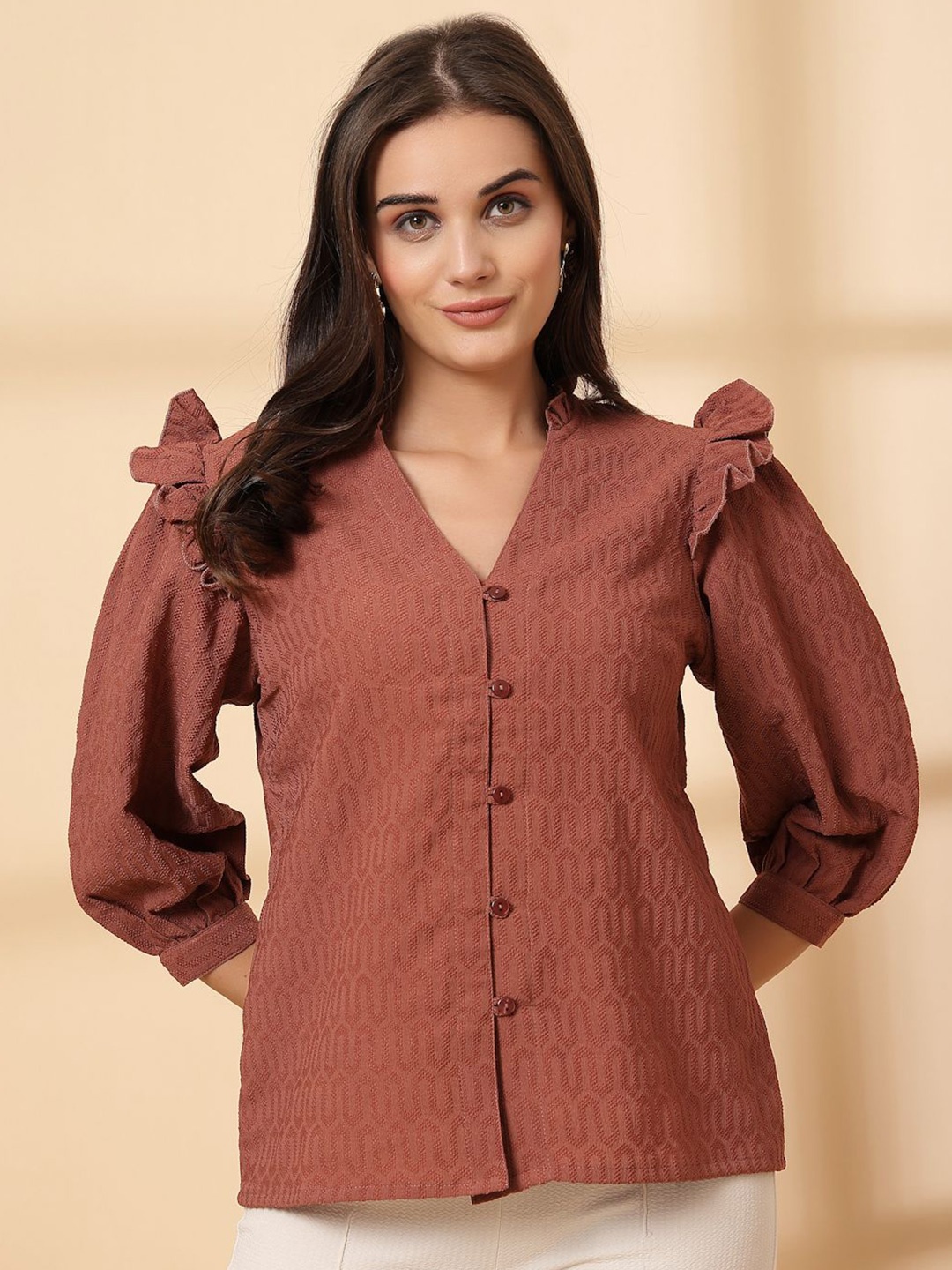 

plusS Women Self Design Shirt Style Regular Top, Brown