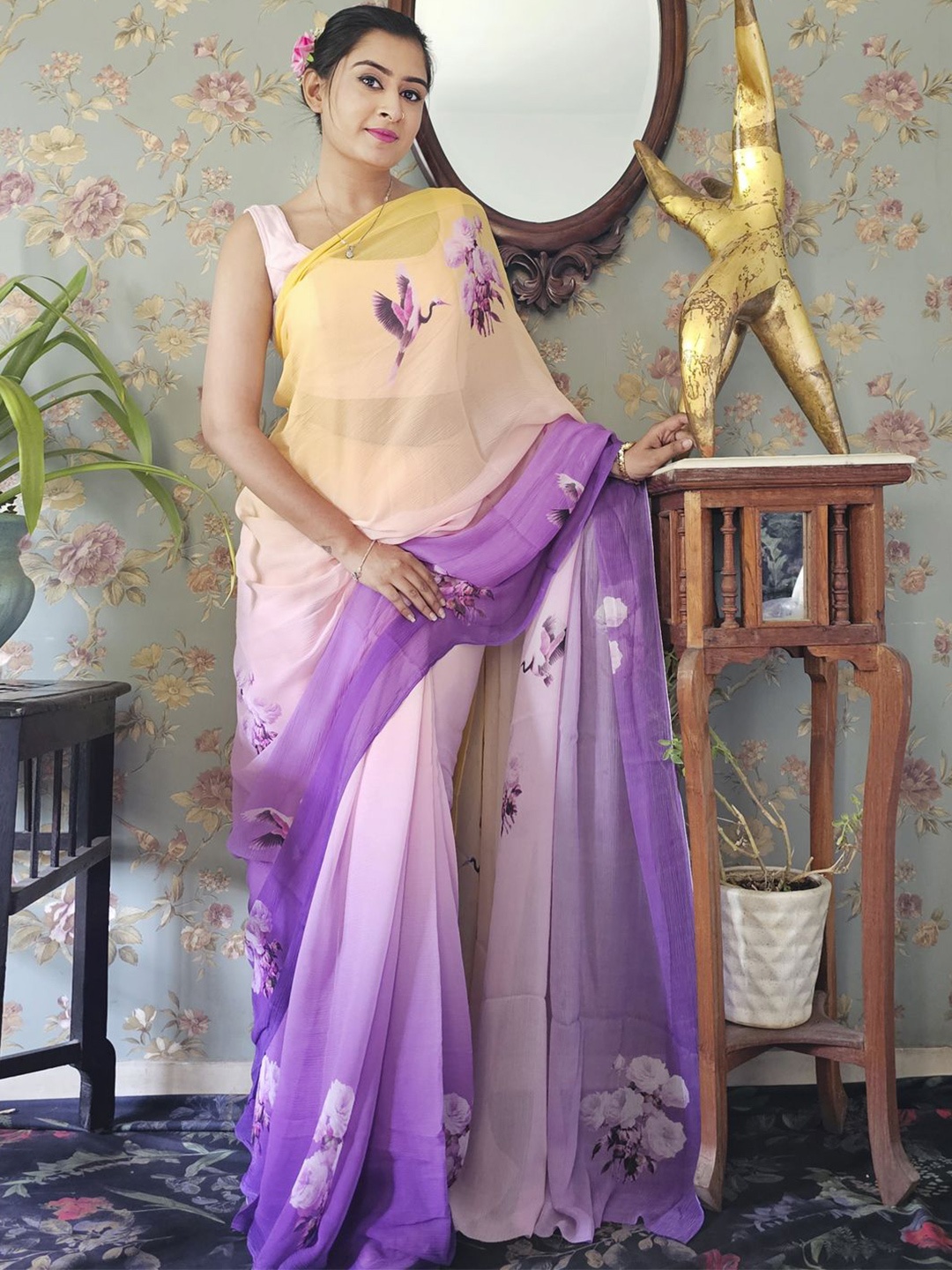 

BBG Royals Floral Pure Chiffon Half and Half Saree, Purple