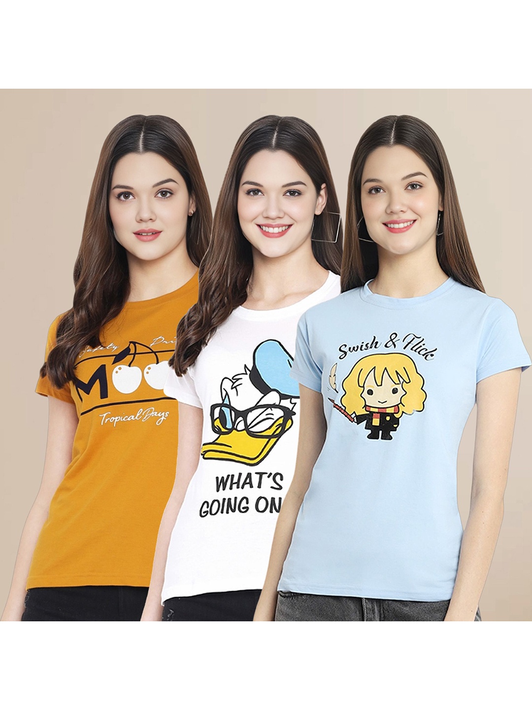

Metronaut Women Pack Of 3 Typography Printed Round Neck Cotton Donald Duck T-shirts, Mustard