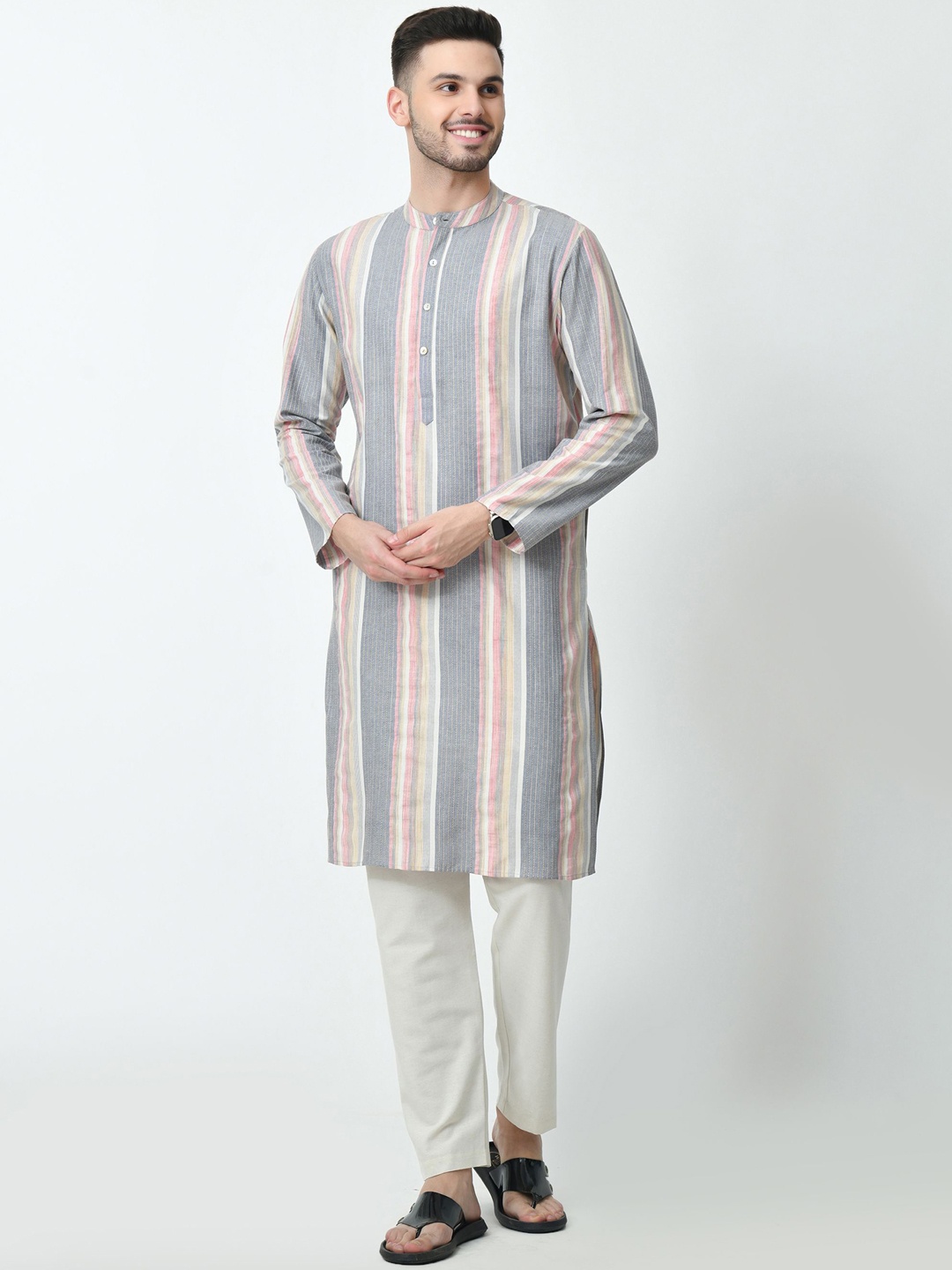 

AMBI Men Striped Band Collar Long Sleeves Regular Straight Kurta, Grey