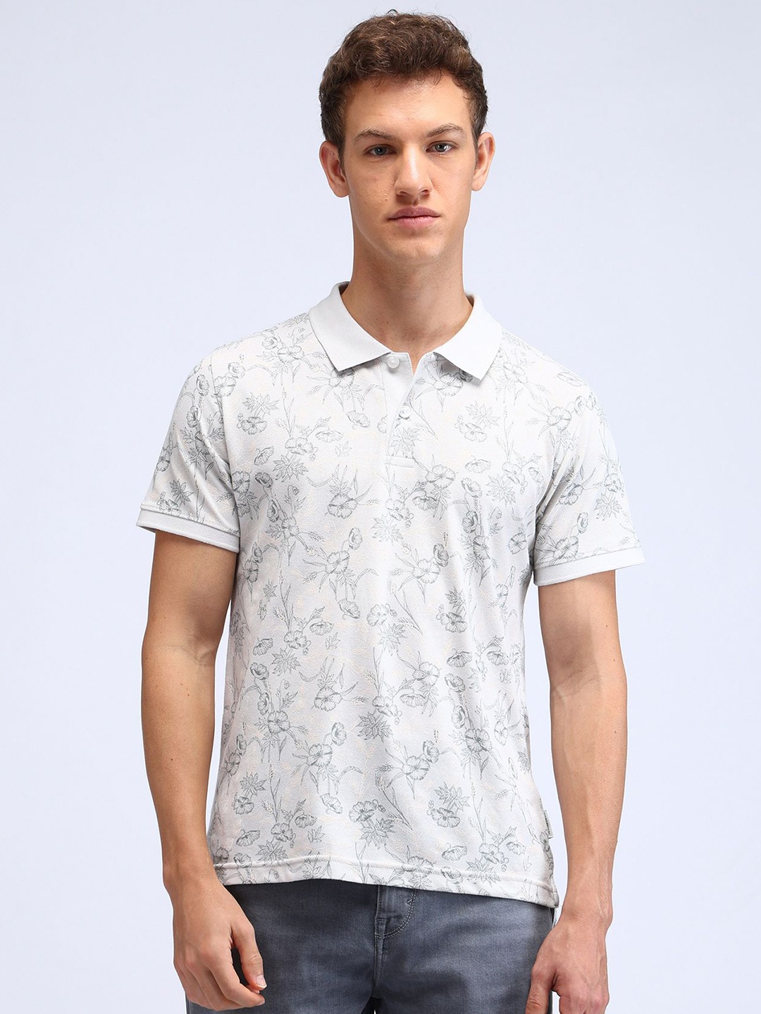 

Flying Machine Men Floral Printed Polo Collar Cotton T-shirt, White