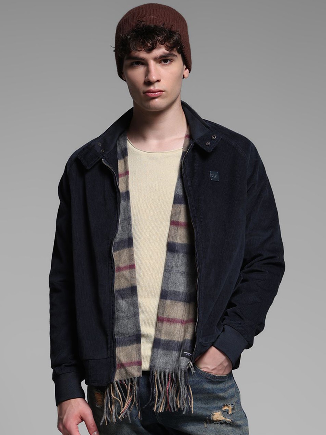 

Jack & Jones Men Mock Collar Solid Acrylic Casual Bomber Jacket, Navy blue
